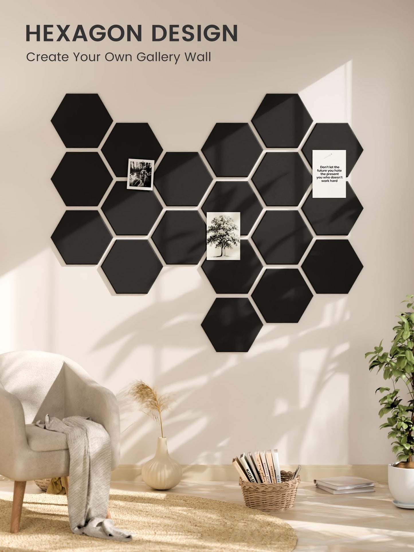 Fluxynara Hexagon Cork Board Alternative for Walls Decor-8-Pack Felt Bulletin Board Tiles,with 30 Pushpins,50 Adhesive Tabs for Office,Classrooms & Home Pin Board Felt Board-Black