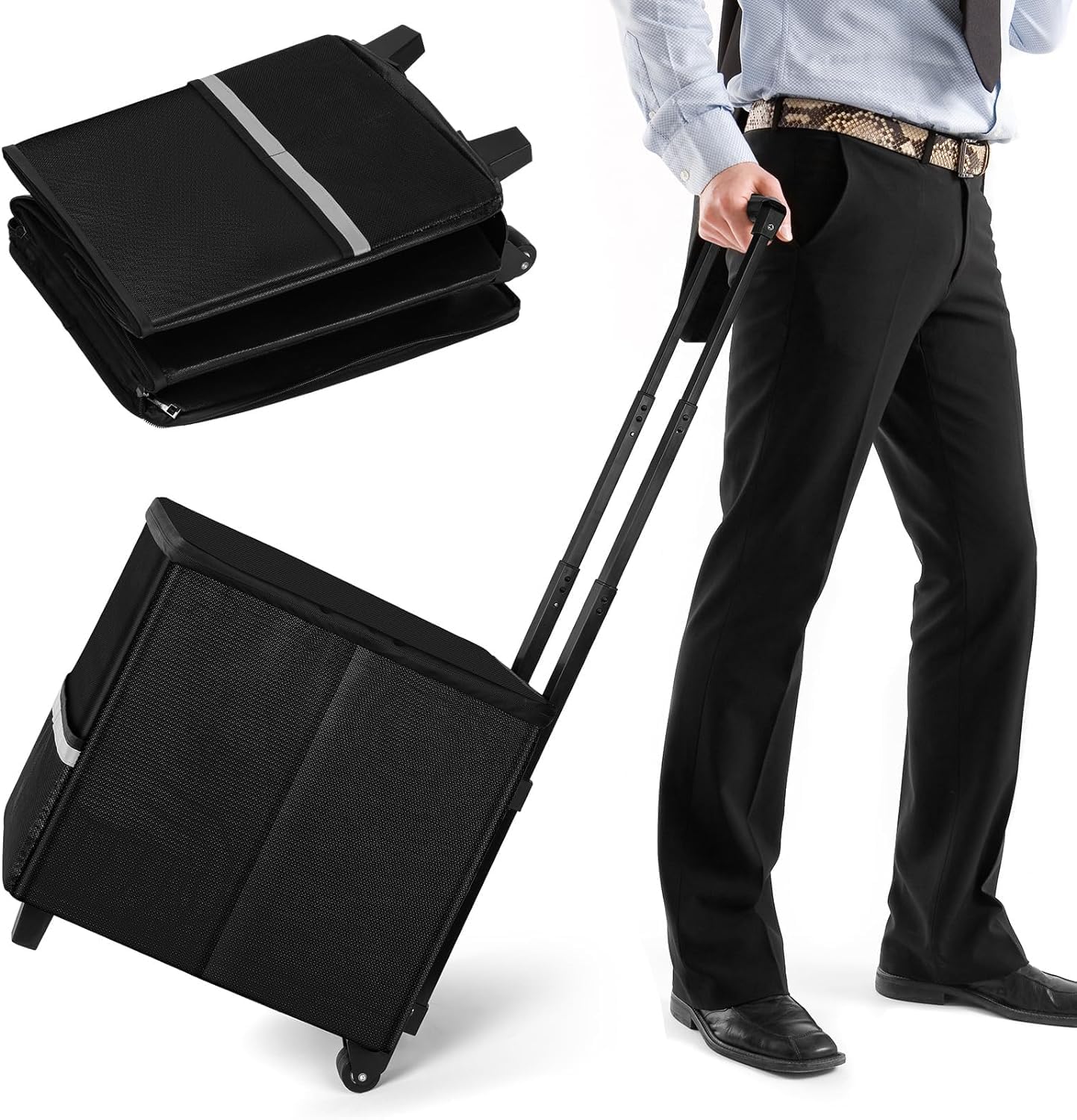 TOMKID Fireproof File Box with Wheels and Telescopic Handle, Foldable Utility Cart Folding Portable Rolling Crate, Fireproof Document Organizer File Cabinet for Travel Office Use