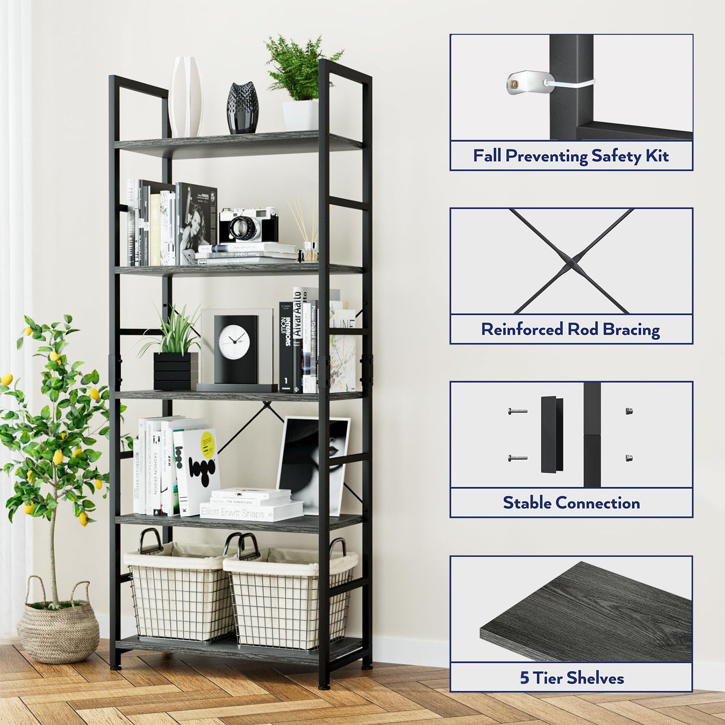 NUMENN 5 Tier Bookshelf, Tall Bookcase Shelf Storage Organizer, Modern Book Shelf for Bedroom, Living Room and Home Office, Dark Grey