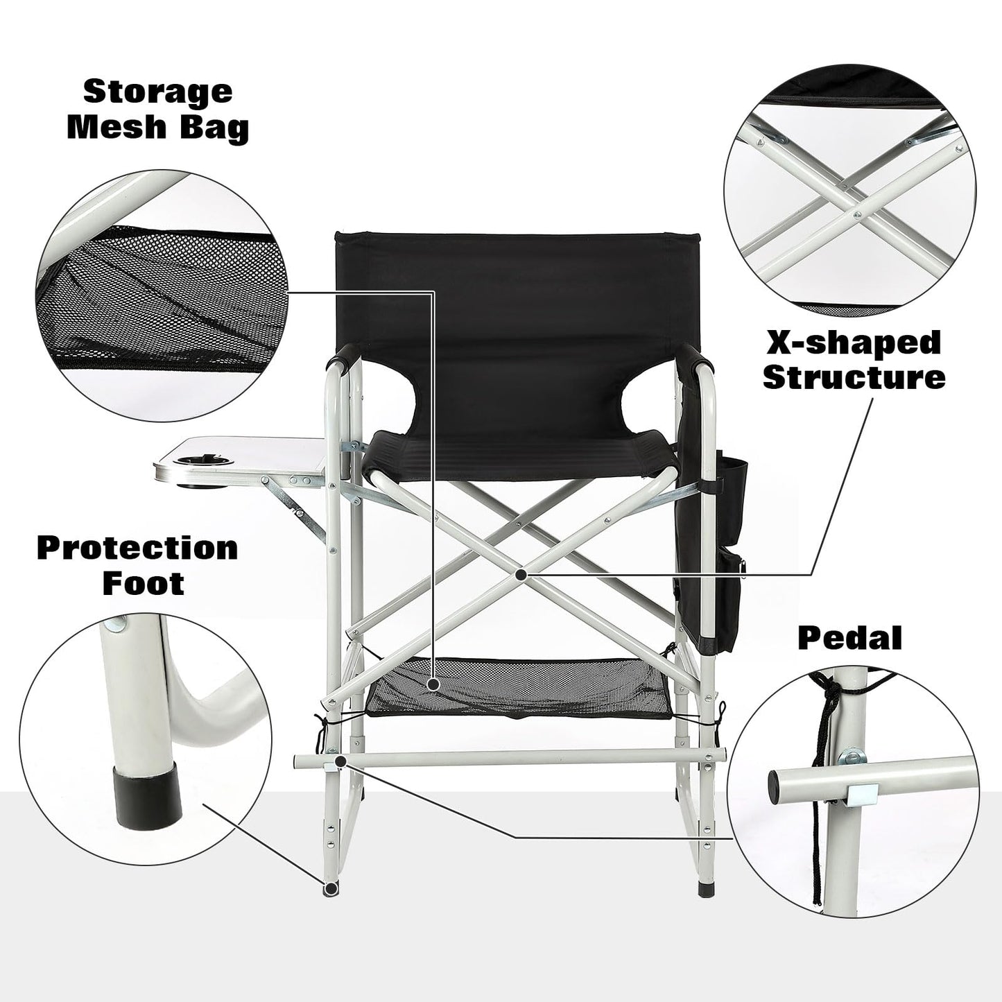 JXUFDHO Makeup Chair for Makeup Artist 41'',Tall Directors Chairs Foldable with Side Table Cup Holder Storage Bag and Footrest, Folding Chair Makeup Chair for Clients 400lbs Capacity