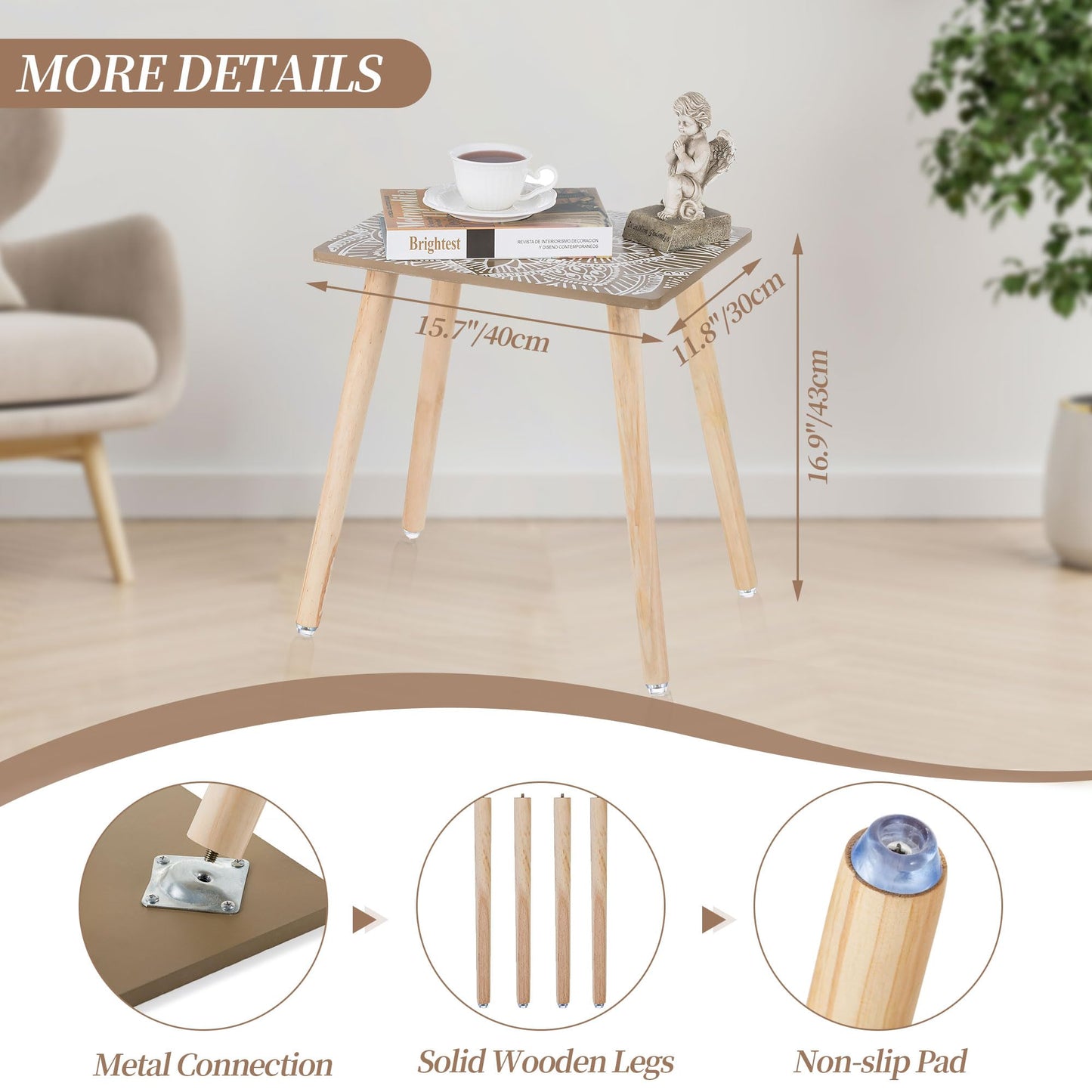 Hanobe Small Side Coffee Table: End Table for Living Room Spaces - Wooden Table Bedside Home Boho Decor Rectangle Brown