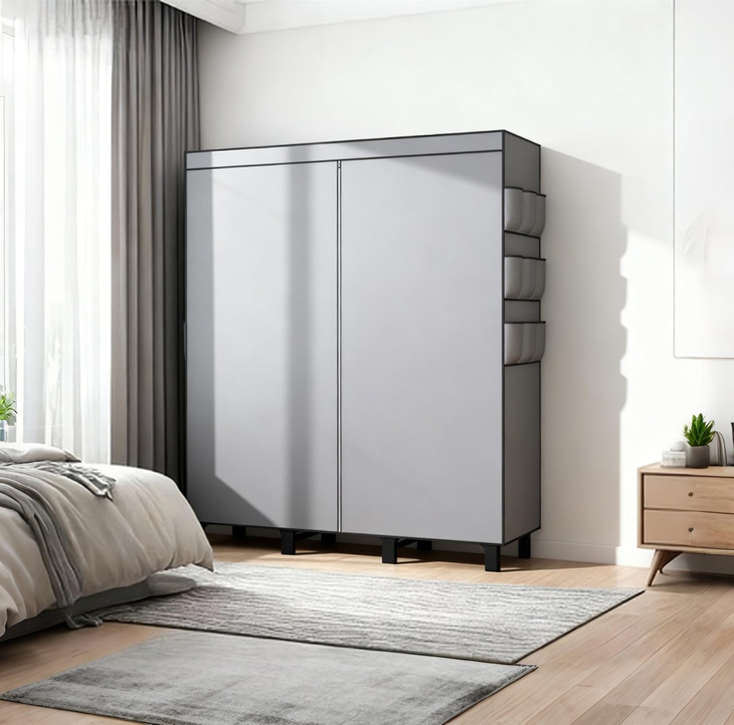 oumylovelsc Portable Wardrobe, Easy Hanging Closet 6 Side Pockets Large Capacity Clothes Organizer Comes with 2 Hanging Poles and Shelves, Width 130cm, Depth 45cm, Height 172cm (Grey)