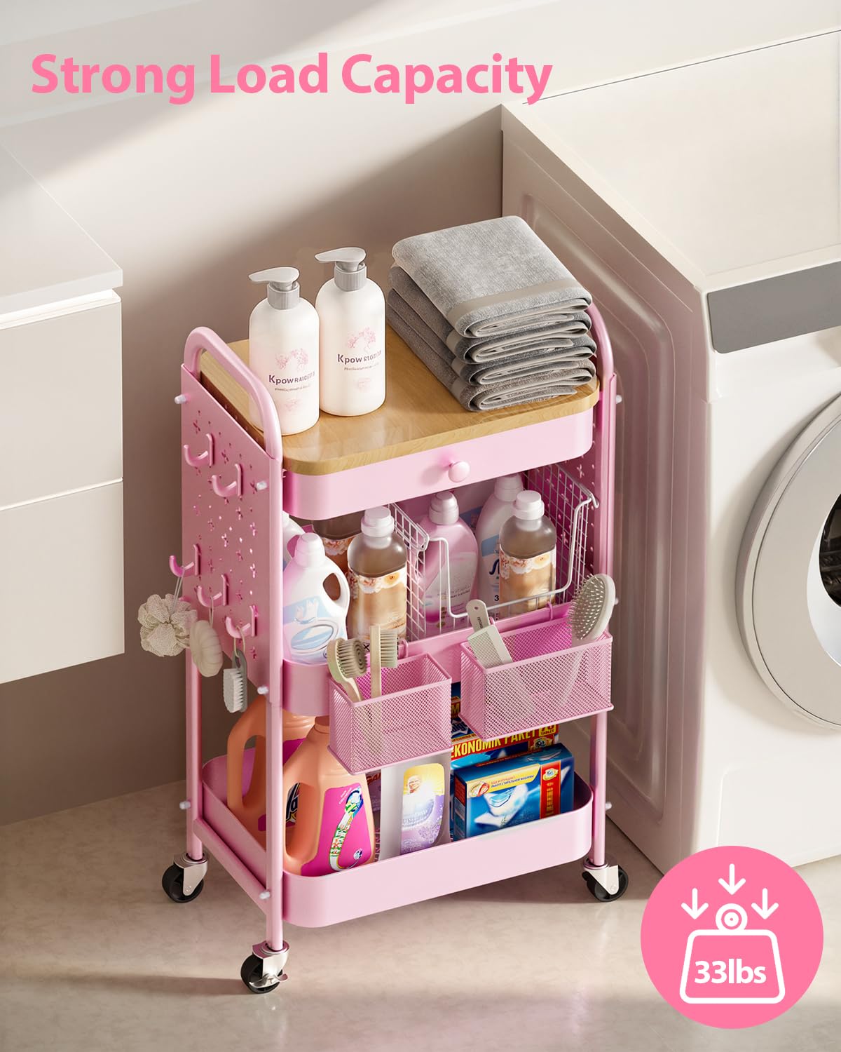 ALVOROG Rolling Cart with Drawer and Wood Table Top, 3 Tier Metal Rolling Utility Cart on Wheels with DIY Pegboards, Hanging Baskets,Hooks for Kitchen, Bedroom, Office, Craft Supplies