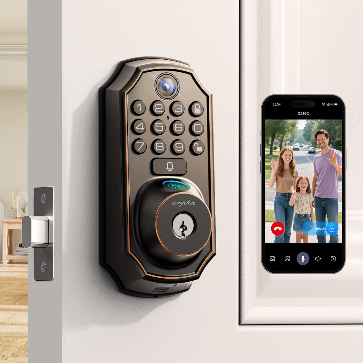 WiFi Video Smart Lock with Camera -Keyless Entry Deadbolt, 5-in-1 (Camera+Doorbell+Fingerprint+Keypad), App Control, Two-Way Audio, Waterproof, Easy Installation