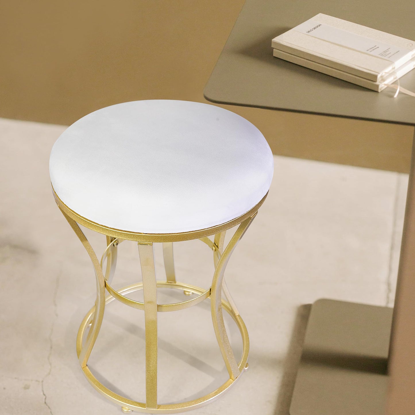 Ellensamqi Velvet Round Vanity Stool Chair,White Velvet Footrest Ottoman Foot Stool Seat with Golden Metal Legs,Makeup Chair for Bathroom Vanity,Bedroom,Living Room