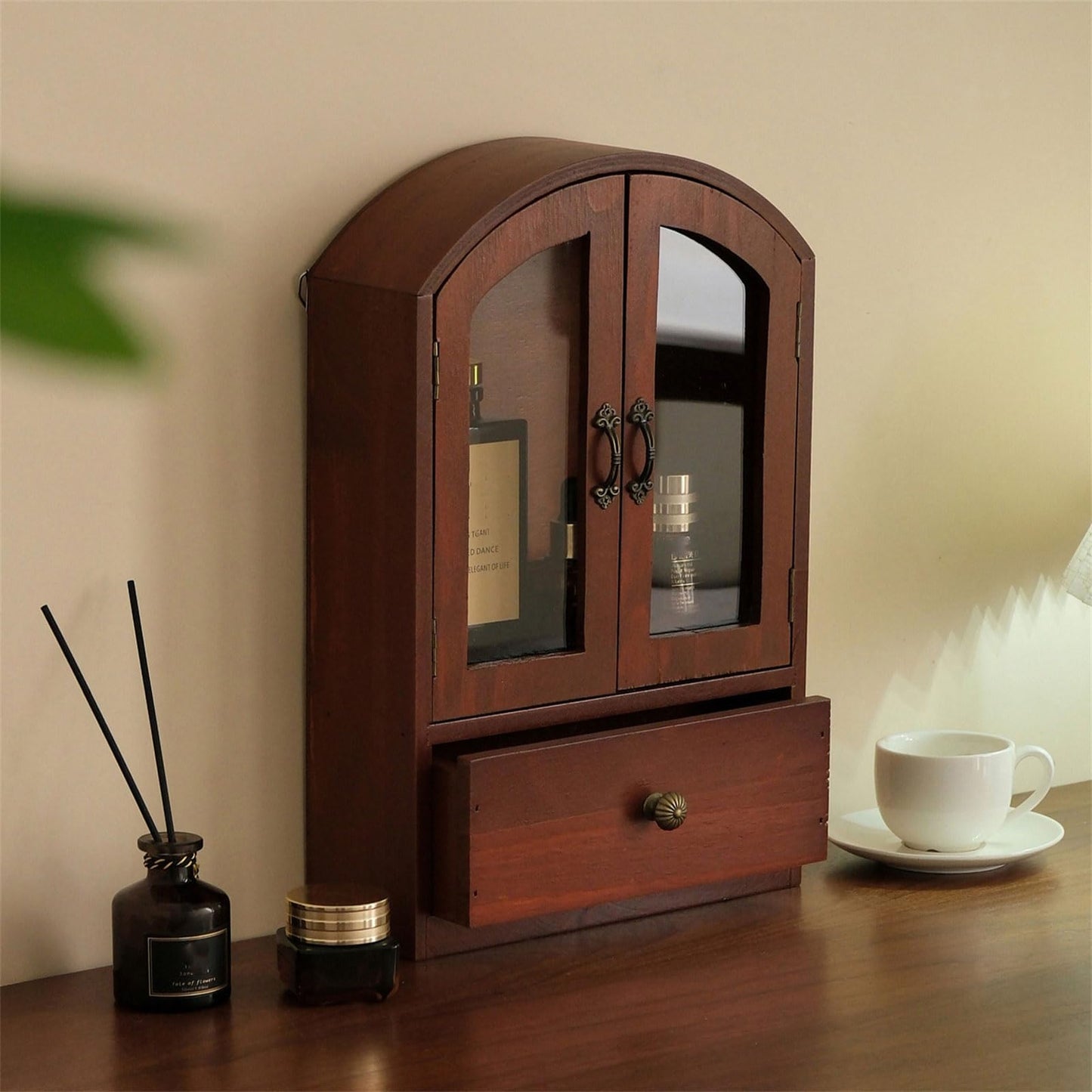 CAZSTYK Contemporary Wooden Desktop Storage Cabinet Glass Front Panel Multipurpose Home Decor Open Shelf Storage Box Wooden Desktop Planner