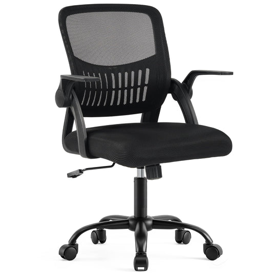 DUMOS Home Office Desk Chair - Ergonomic Computer Mesh Chair with Lumbar Support & Rocking Mode, Height Adjustable, Flip-up Armrest, for Conference, Meeting Room, 360° Swivel, Adults, Black