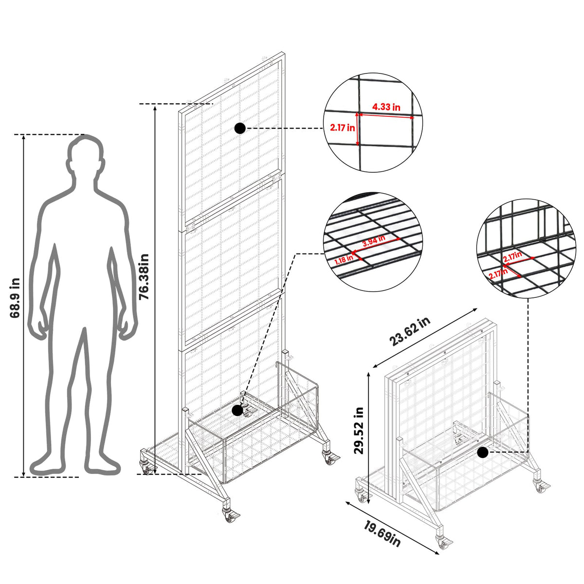 APshouhu Foldable Grid Wall Panels, Gridwall Panels with Folding Baskets, Tool-Free Assembly and Folding, for Storage and Retail Merchandise Display (White)
