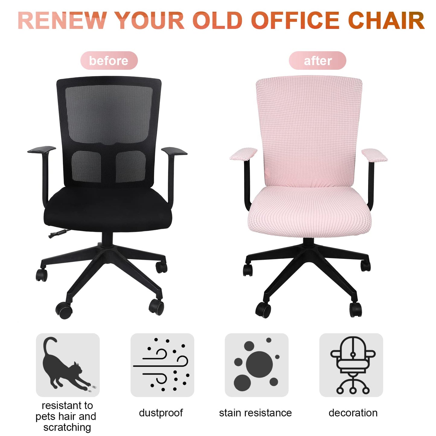 Tallew 4 Pcs Office Chair Covers Set Computer Universal Protective Stretchable Chair Seat Covers Desk Armrest Slipcovers Pads Office Cushion Backrest for Rotating (XL,Pale Pink)