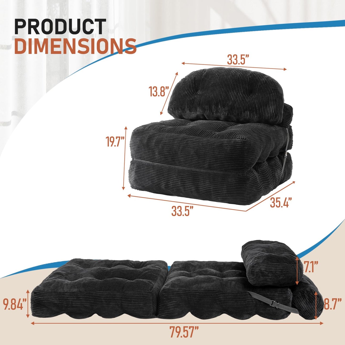 Vellorise Folding Sofa Bed, Convertible Sleeper Chair with Back Support and Pillow Futon,Boneless Foldable Couch for Living Room/Guest Use/Home Office, Foldable Chair Bed for Adults, Black