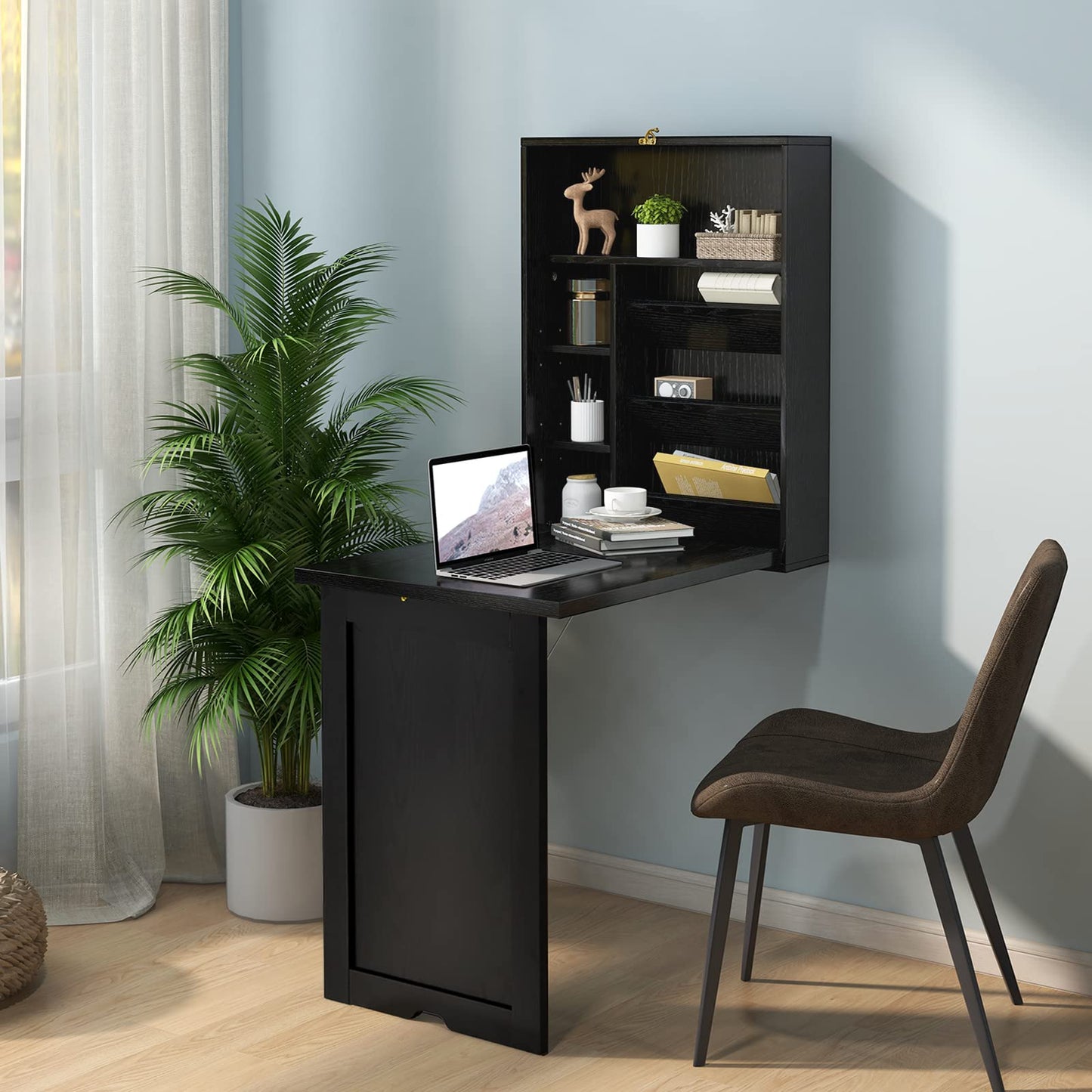 GOFLAME Wall Mounted Folding Desk with 3-Tier Tilt Storage Partition and Adjustable Shelves, Space-Saving Convertible Writing Desk for Home Office, Black