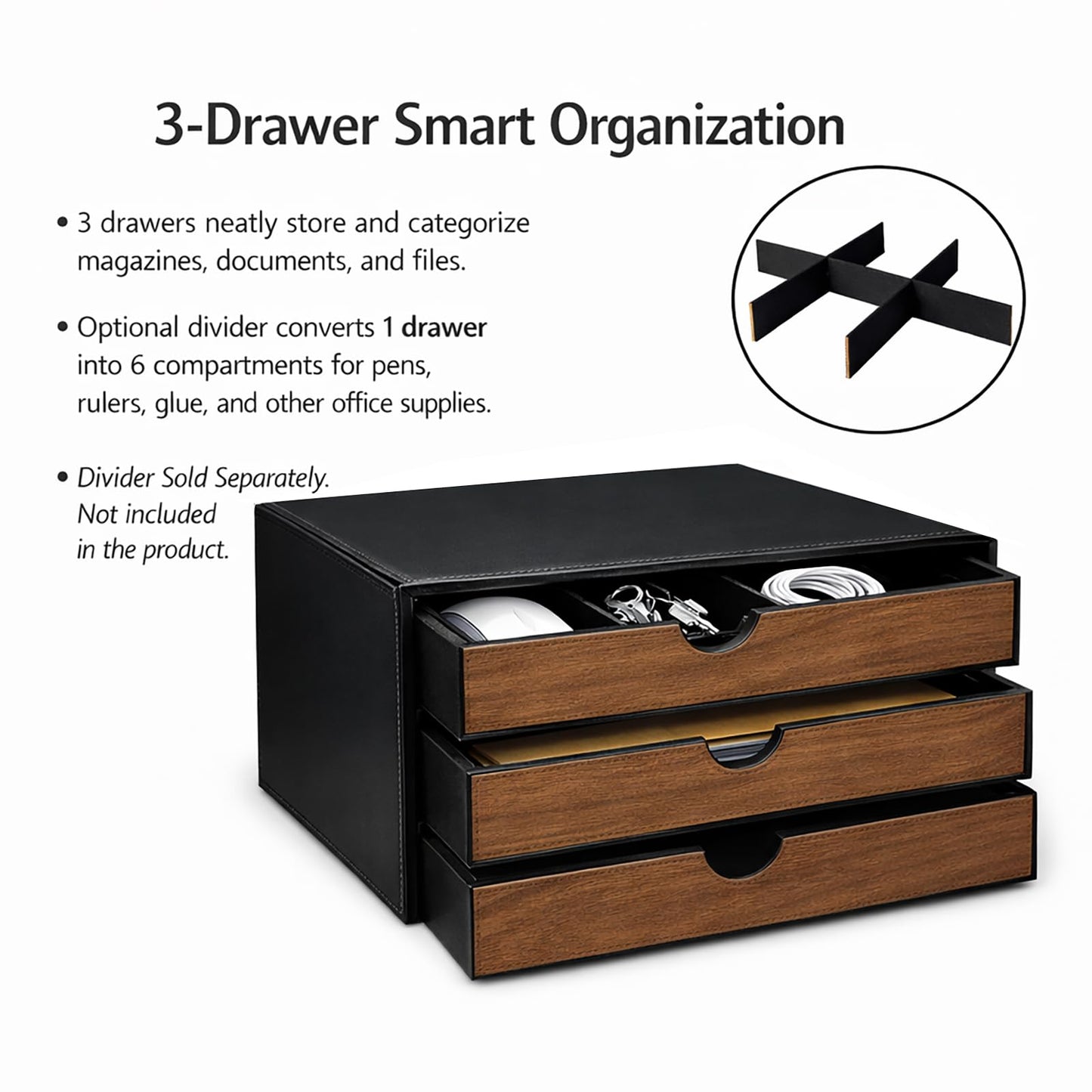 UnionBasic Document Organizer, 3-Drawer File Cabinet Document Storage Box, Office Desktop Filing Organizer, Black with Wood Grain Drawers