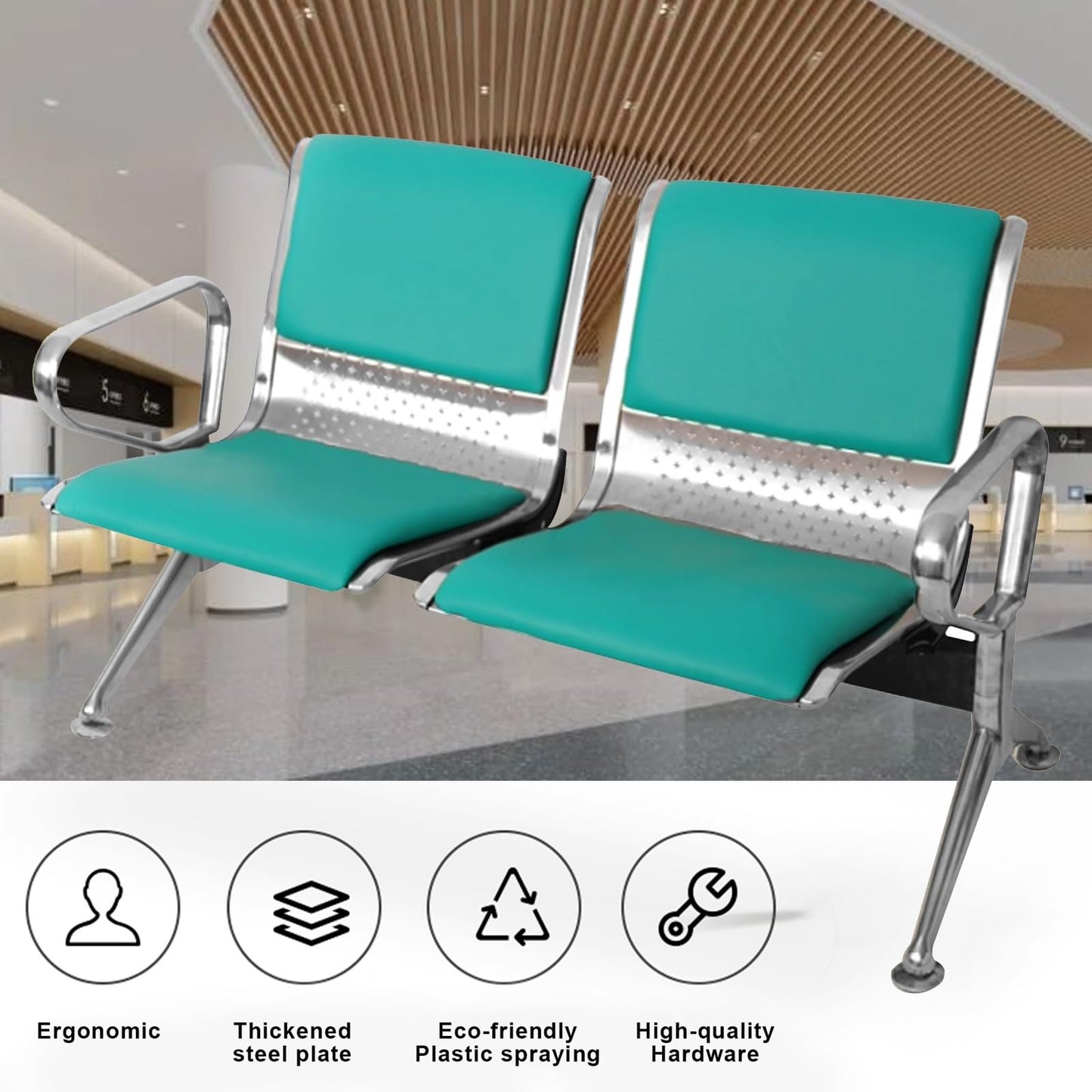 DLYZAYE Pink PU Leather Office Chair, 2-Seat Waiting Room Bench with Arms & Backrest, Comfortable Visitor Seating for Hospitals, Clinics & Public Spaces, Stylish & Durable