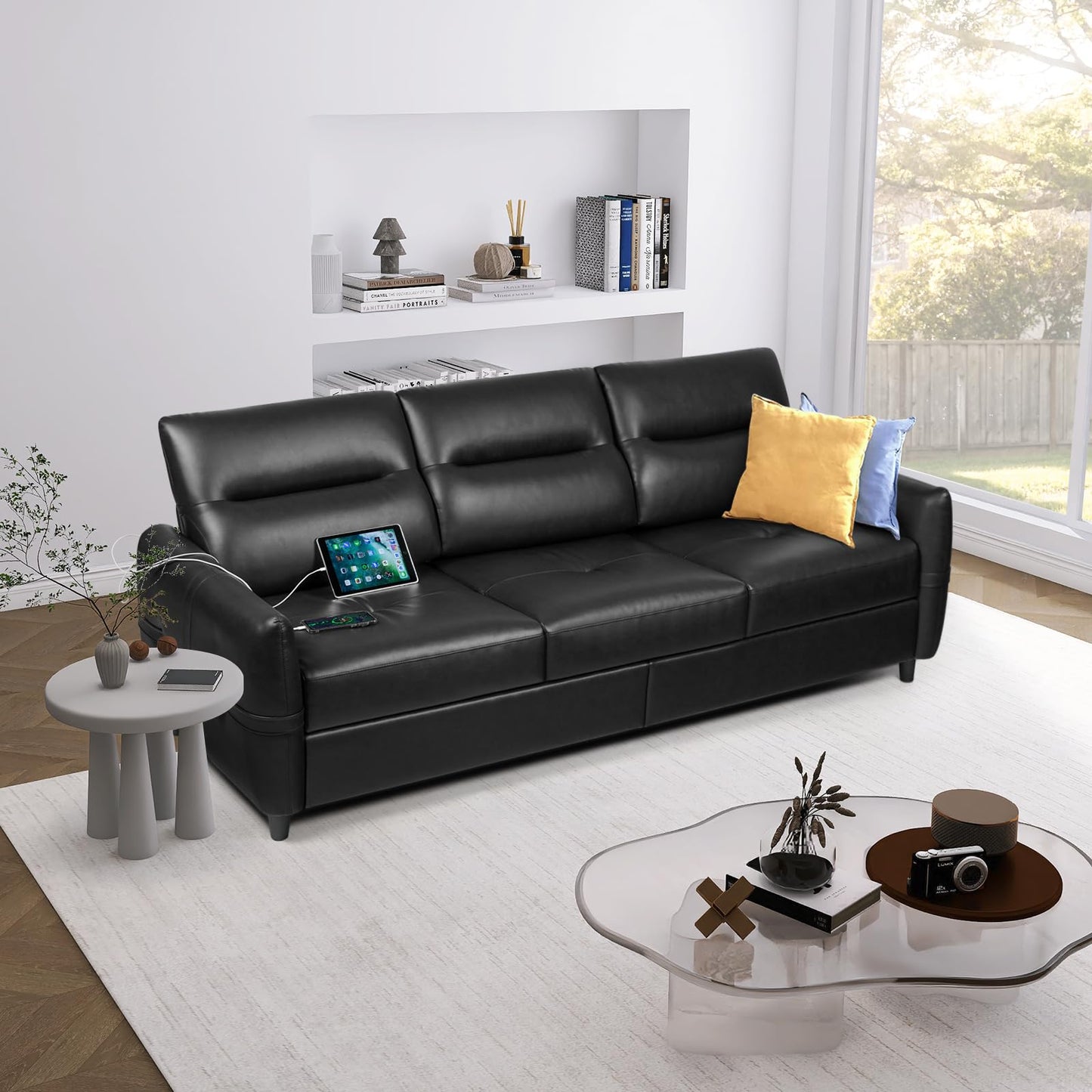 STHOUYN 85” Black Faux Leather Couch with USB, 3 Seater Sofa Couches for Living Room, Large Mid Century Modern Office Apartment Couch (Black)