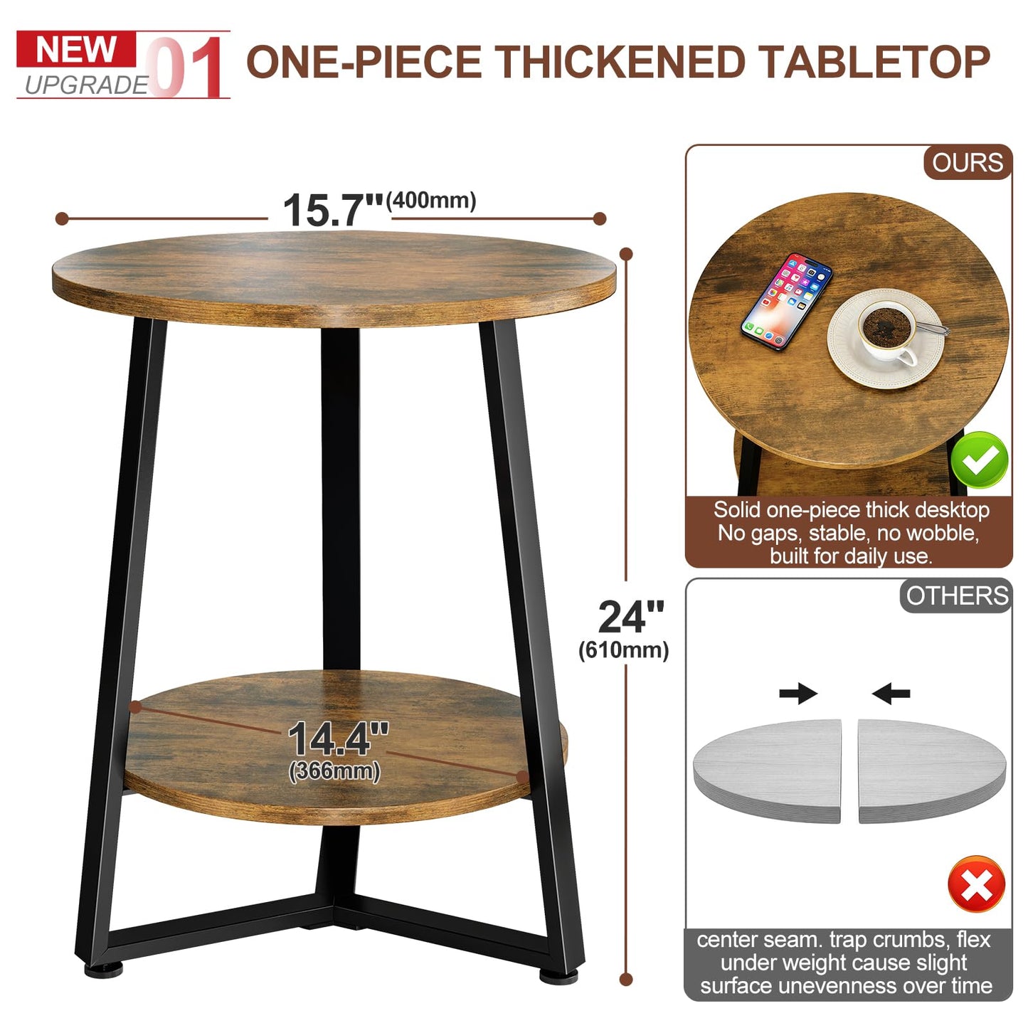 Round Side Table, 2-Tier Small End Table with Storage Shelf, Ultra Stable Coffee End Table/Nightstand, Modern Farmhouse Couch Table for Living Room, Bedroom, Bedside Stand or Small Spaces, Brown