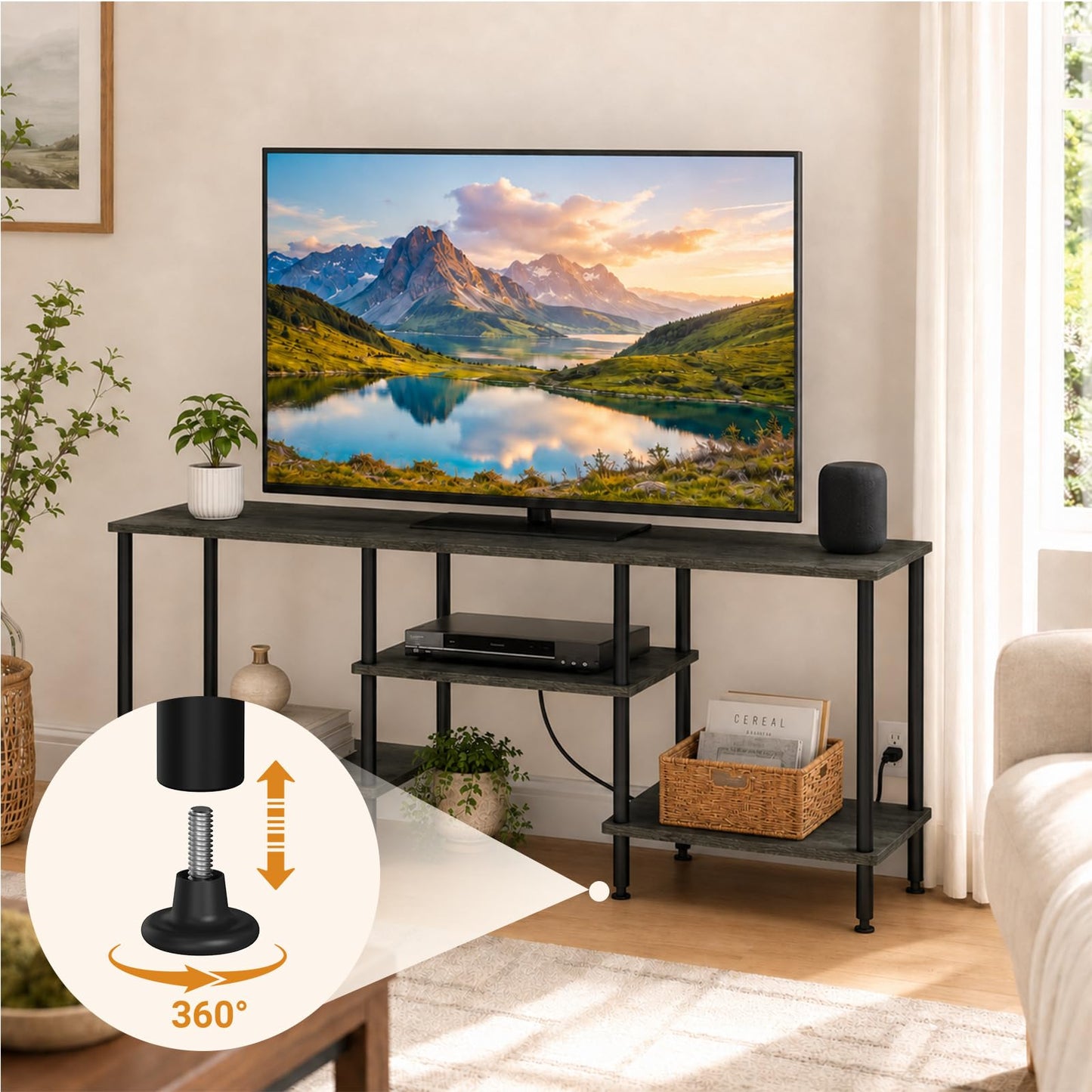 YAHKBTEN TV Stand for Bedroom up to 50 Inch Rustic TV Stands with Power Outlets Small Entertainment Center with Storage 3 Tier TV Media Console Table Cabinet for Living Room Bedroom Office, Dark Grey