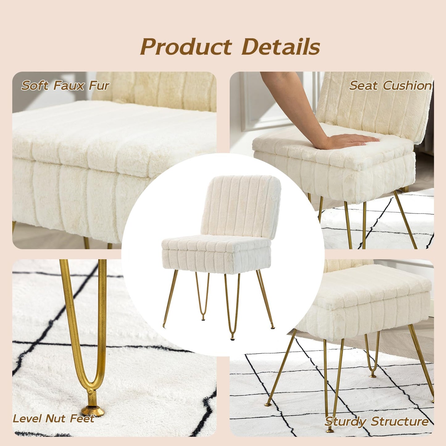 Manyday Vanity Chair with Storage, Comfy Ottoman with Folding Back, Faux Fur Vanity Stool with 4 Metal Legs for Make Up, Furry Padded Seat with Anti-Slip Feet for Bedroom Dressing Room