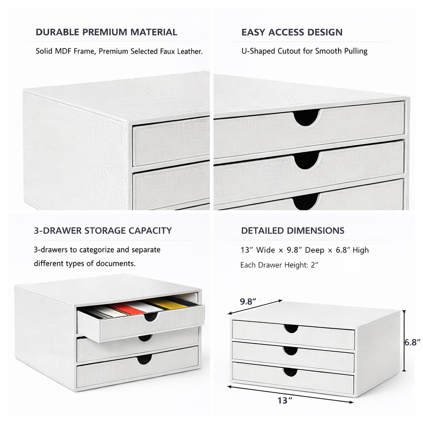 UnionBasic Document Organizer, 3-Drawer File Cabinet Document Storage Box, Office Desktop Filing Organizer, Croco White