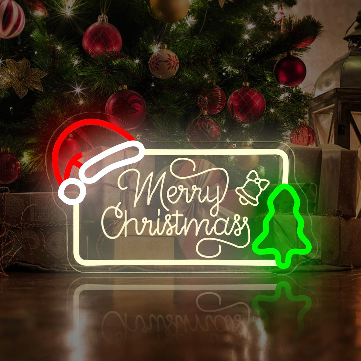 hhuohuona Merry Christmas Neon Sign Dimmable Neon Christmas Sign with Santa Hat & Tree Merry Xmas Light Up Signs for Wall Decor Holiday Gifts Decorations for Home