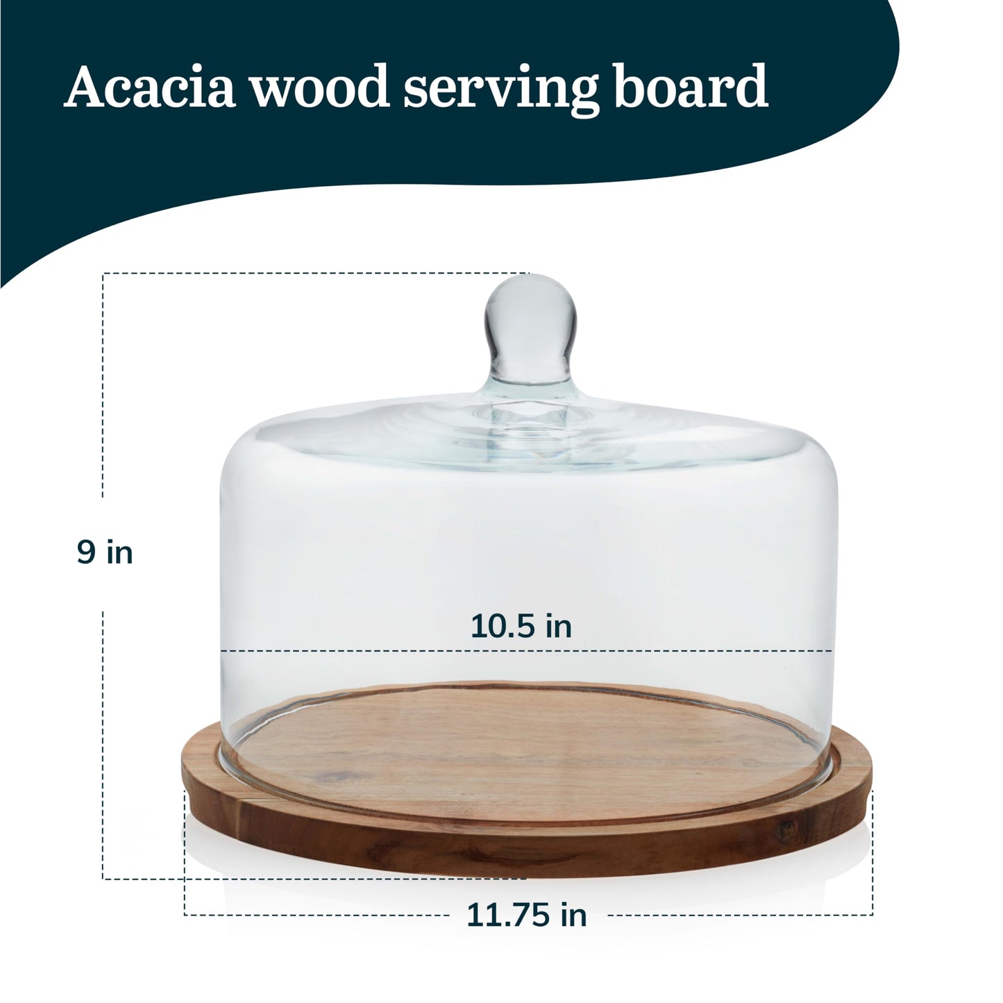 Libbey Acacia Wood Cake Stand with Lid, Ball Top Handle Cake Holder with Lid, Covered Pastry Holder, Durable Glass Dome Cover