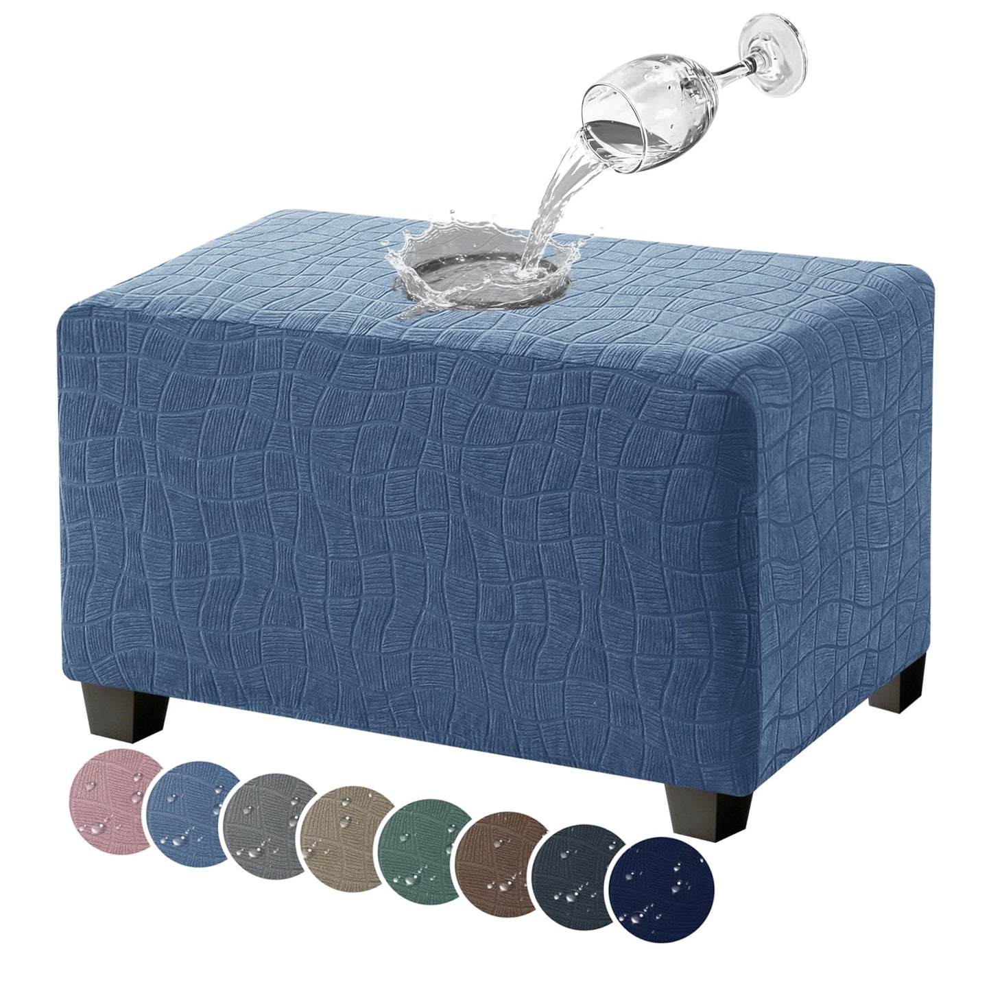 MAXIJIN Waterproof Ottoman Cover Rectangle Stretch Ottoman Slipcovers Square Thick Stool Covers Storage Footrest Furniture Protector with Non-Slip Elastic Bottom (Small, Dusty Blue)