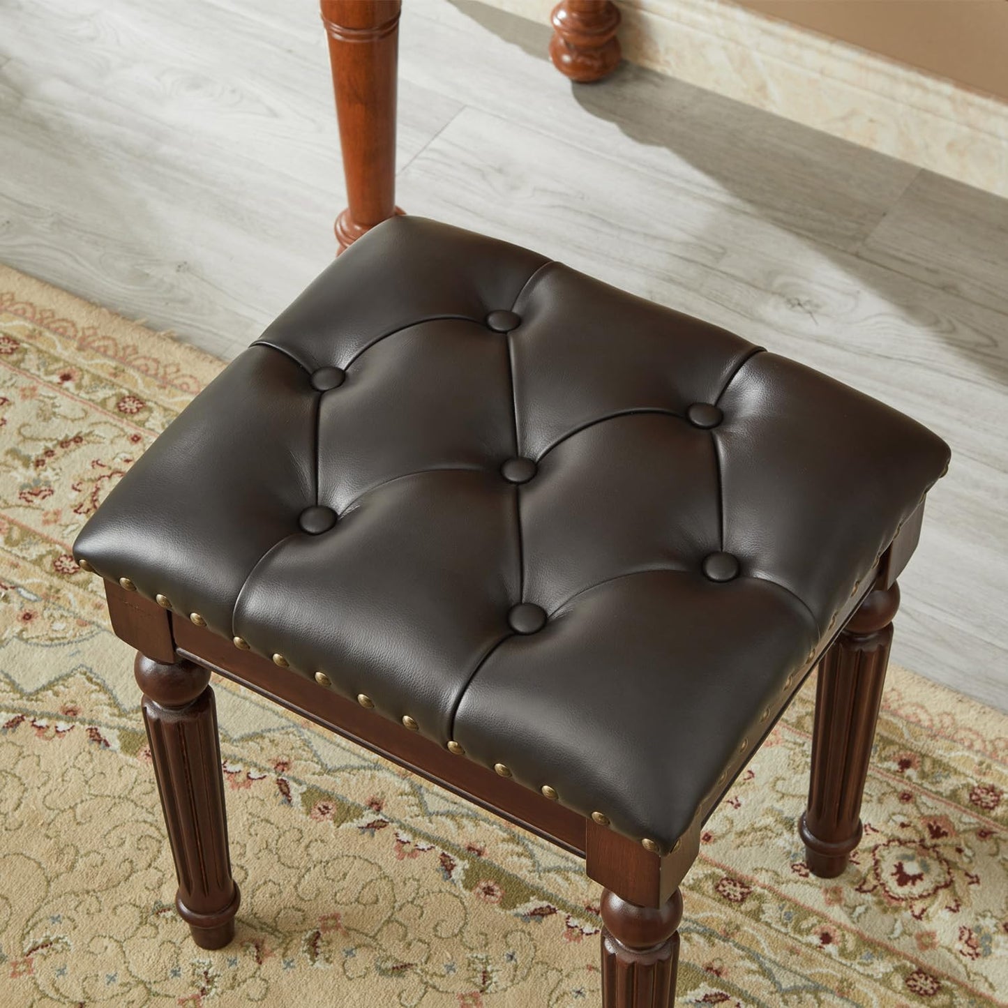 KIVSON Vanity Bench Stool with Microfiber Leather Cushion, Vanity Chair Ottoman Dressing Stool with Solid Wood Legs for Bedroom, Makeup Room, Dressing Room, Easy Assembly (Dark Brown)