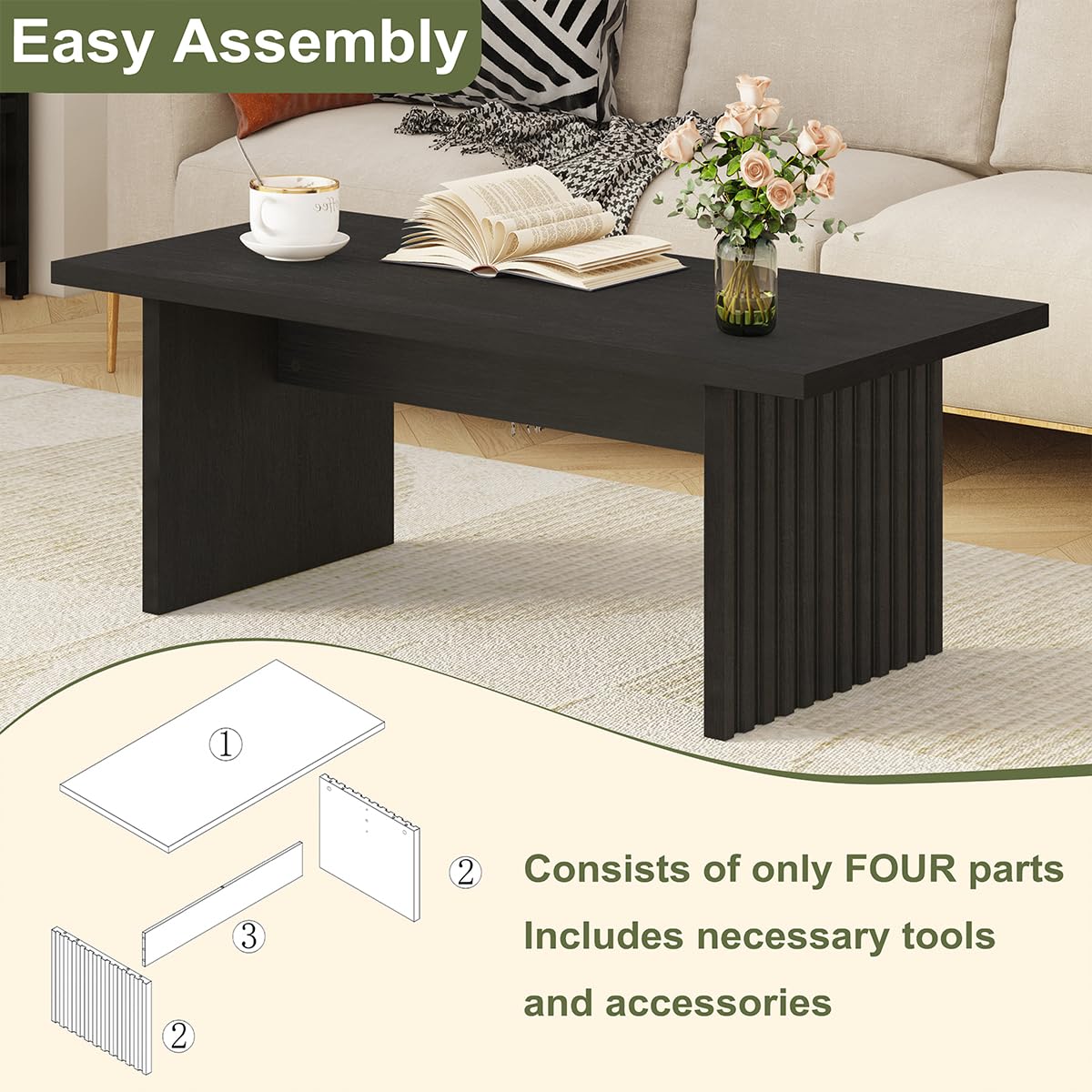 BON AUGURE Black Coffee Table, Modern Coffee Tables for Living Room, Wooden Center Table, Living Room Tables for Home, Office (Black Oak, 43Inch)