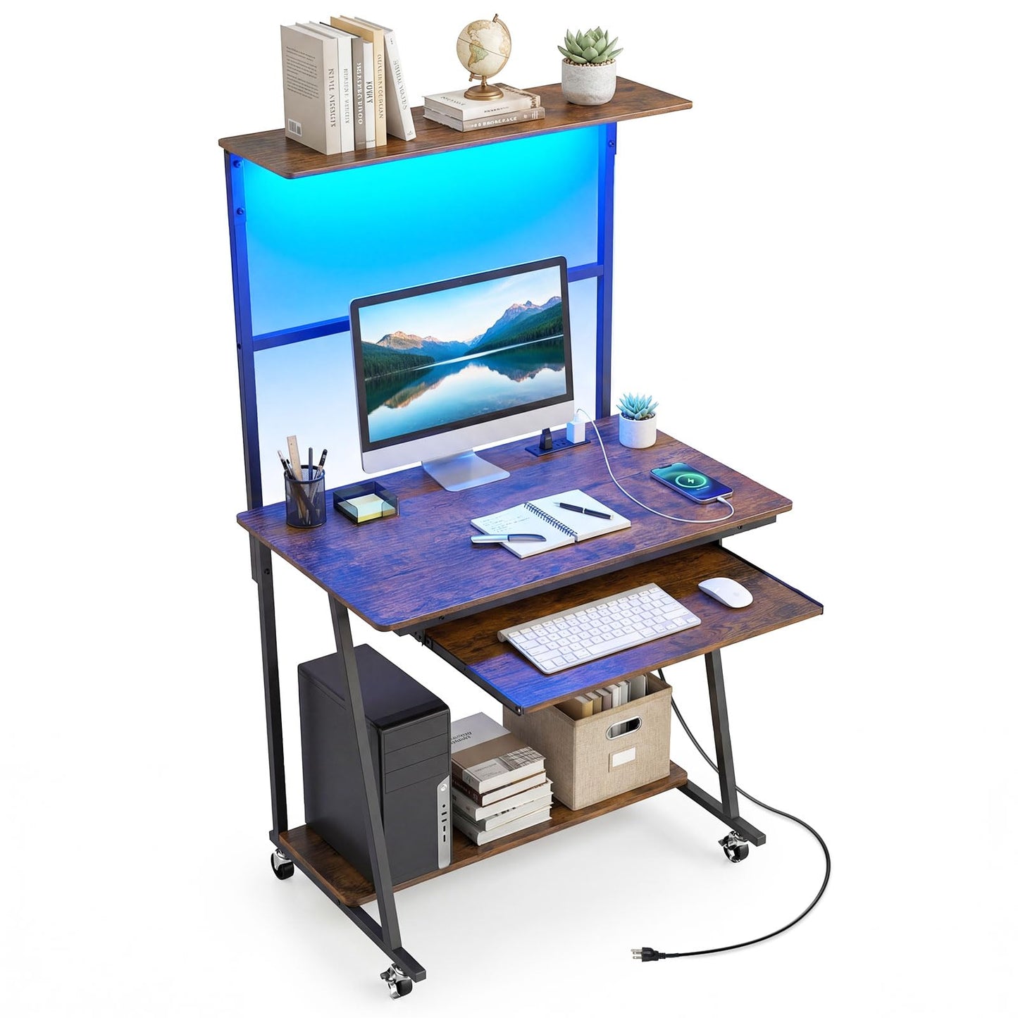 Giantex 31.5" Small Computer Desk with Charging Station & LED Lights, Rolling Home Office Desk w/Hutch, Keyboard Tray & Bottom Shelf, Study Writing Gaming Workstation Table for Bedroom, Rustic Brown