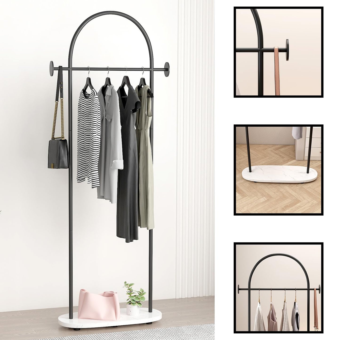 KADIGANG Black Clothing Racks, Modern Industrial Clothes Rack with Shelf, Heavy Duty Freestanding Coat Rack, Metal Coat Hanger Stand with Hooks for Boutique Office
