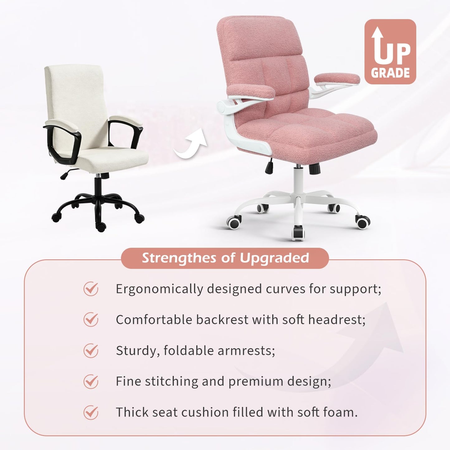 RunRunFlower Office Chair with Wheels, Ergonomic Computer Desk Chair with Flip-up Armrest, Adjustable Rolling Swivel Chair Teddy Fleece – Dusty Pink