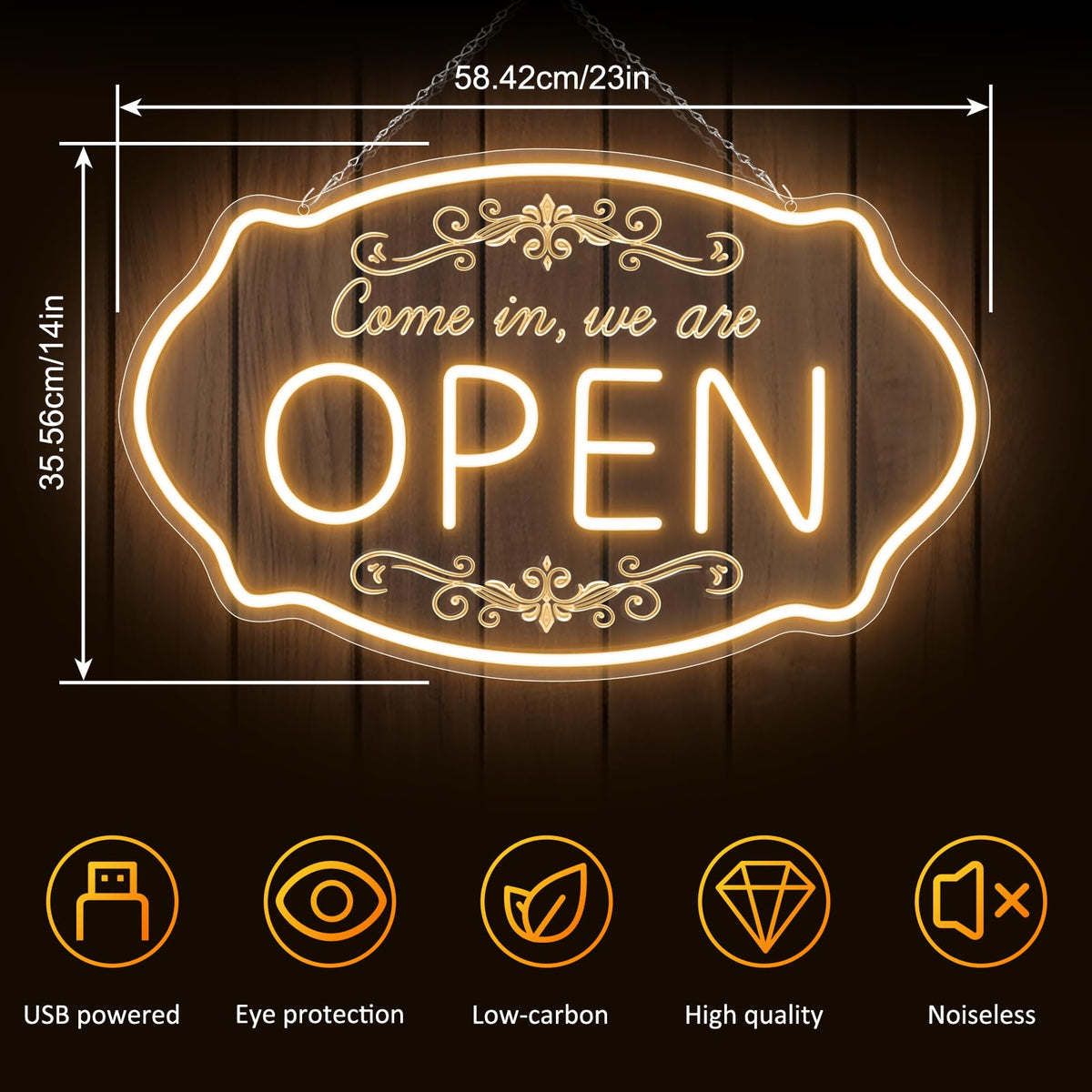 LED Neon Open Sign for Business, 23.5x14'' Come in We’re Open Sign, Warm White Adjustable Brightness Neon Lights for Party, Bar,Salon, Stores, Hotel, Wall Decor, Clubs, Hotels