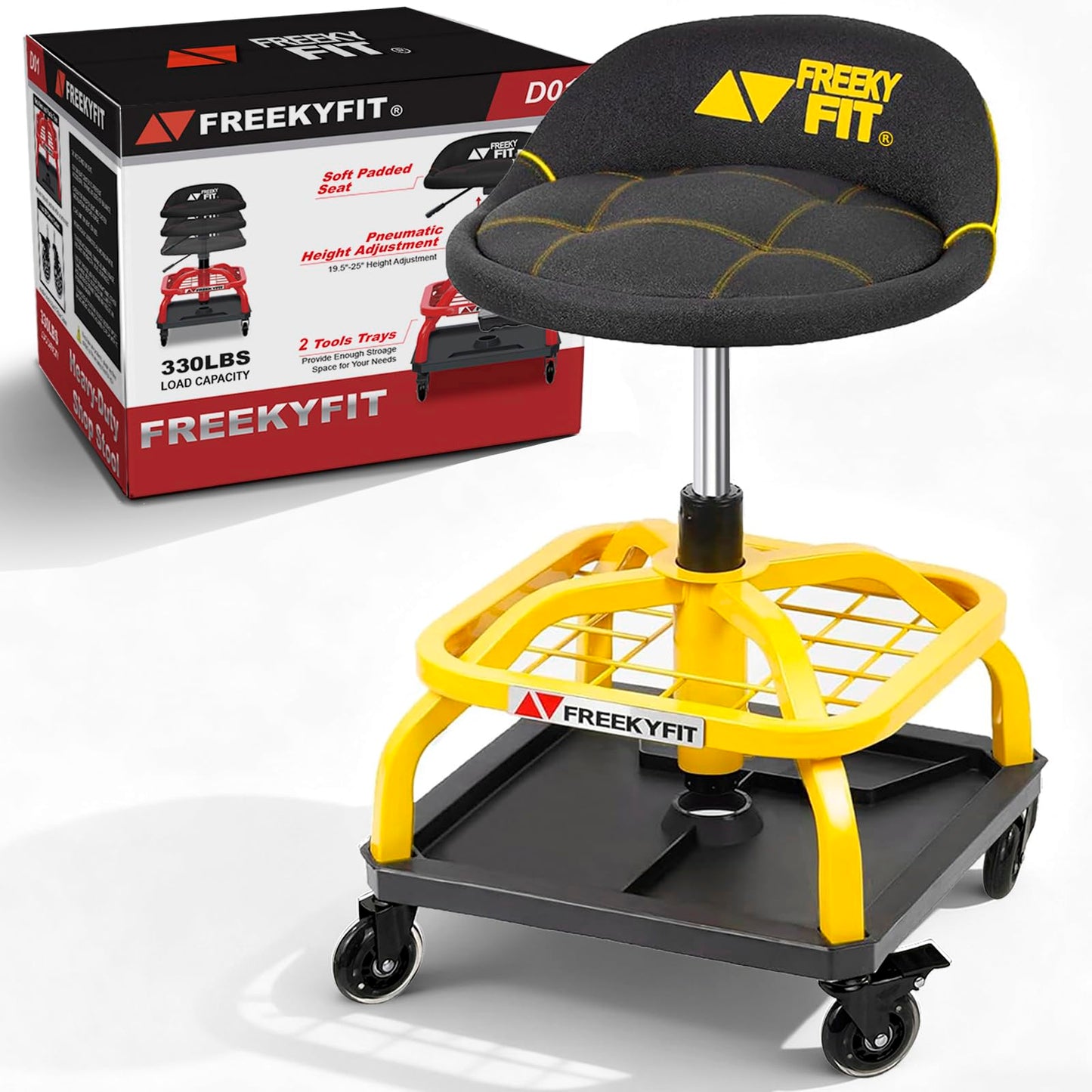 FreekyFit Rolling Shop Stool with Wheels, Garage Work Mechanic Stool with Backrest, Roller Mechanic Chair, Adjustable Height, 360° Swivel, Tool Tray Storage, 330 LBS Capacity, Heavy Duty, Yellow