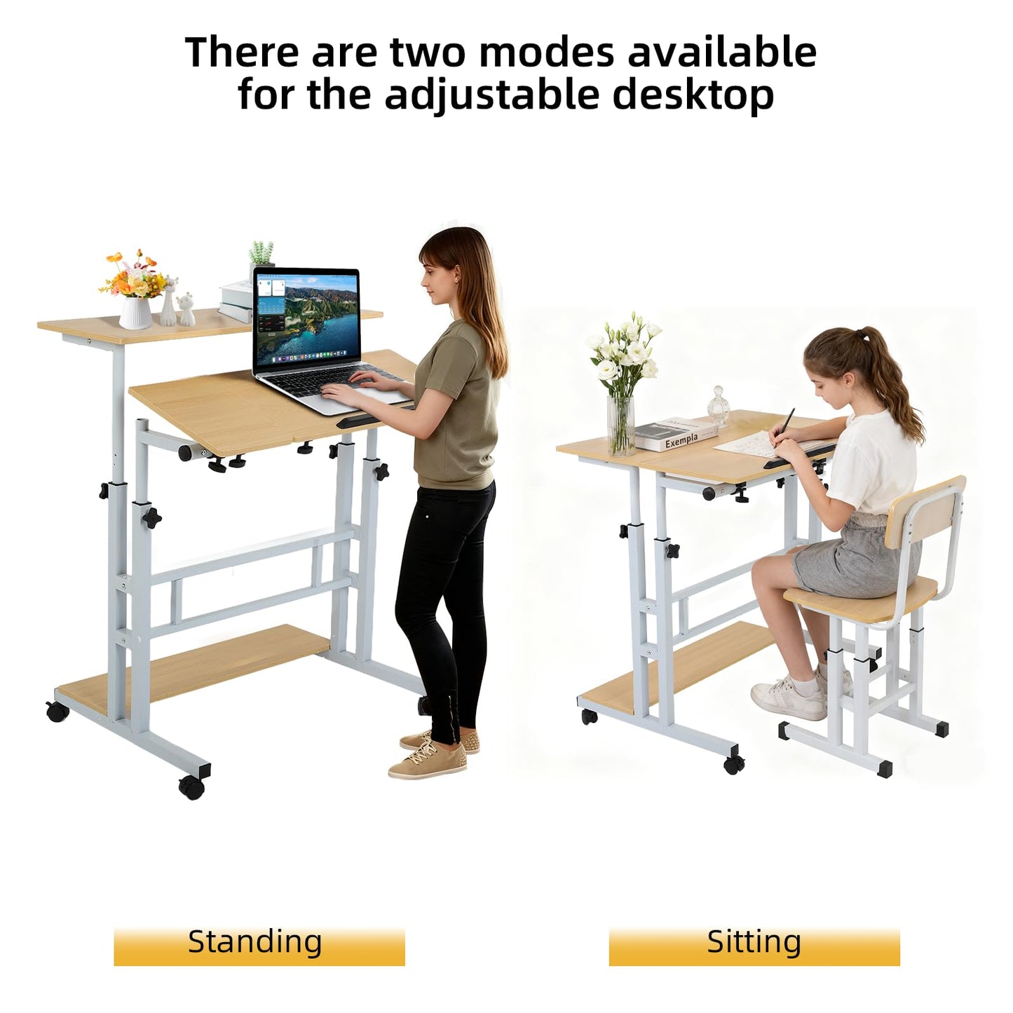 FAHKNS Small Standing Desk, Portable Stand Up Desk with Wheels, Adjustable Height Computer Desk for Home Reading Desk and Office Work