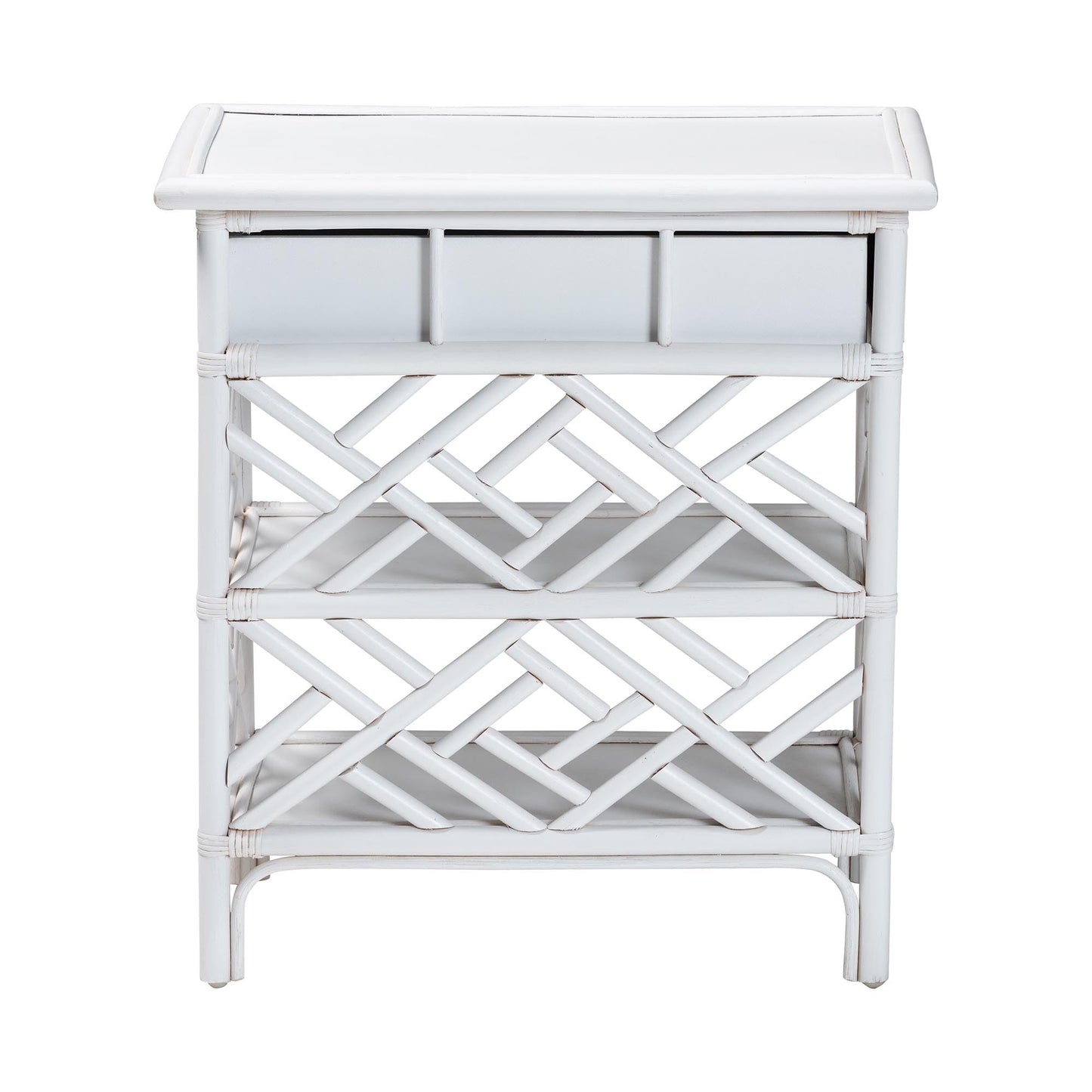 bali & pari Tiaret Natural Rattan Nightstand with Drawer and Shelves – Chippendale-Style Bedside Table for Bedroom or Coastal Living Spaces, White, 1-Drawer, 24-inch Wide