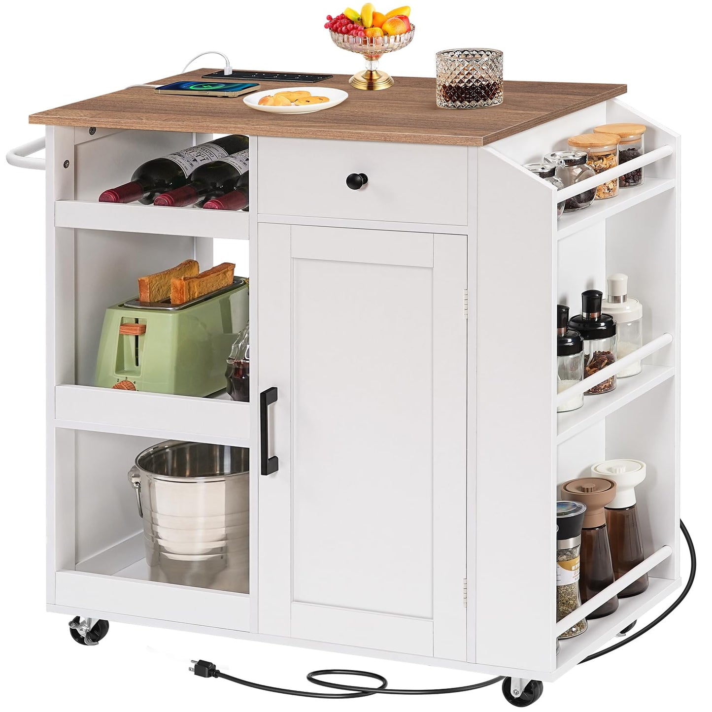 MAHANCRIS Kitchen Island with Power Outlet, Kitchen Storage Island with Drawer, Rolling Kitchen Cart on Wheels, Spice Rack, Towel Rack, Wine Rack, for Dining Room, White and Walnut KIBZ122E01
