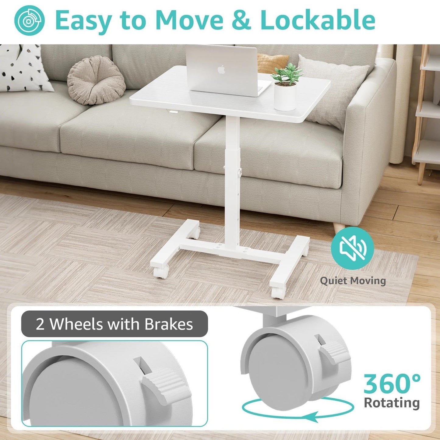 WINAZ Small Portable Rolling Desk Adjustable Height, 24 Inch Mobile Laptop Desk with Wheels for Dorm Room, C-Shaped Table for Sofa and Bed Side, Study Table for Students, White