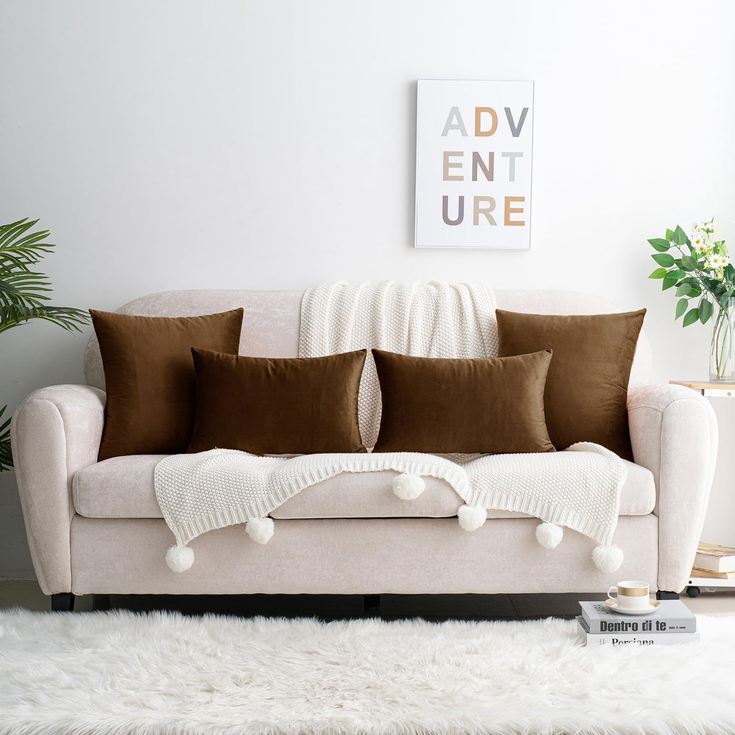 HWY 50 Coffee Velvet Throw Pillow Covers 16x16 Inch, Pack of 2 Soft Cozy Solid Decorative Luxury Cushion Cases for Couch Sofa Bed Living Room Bedroom