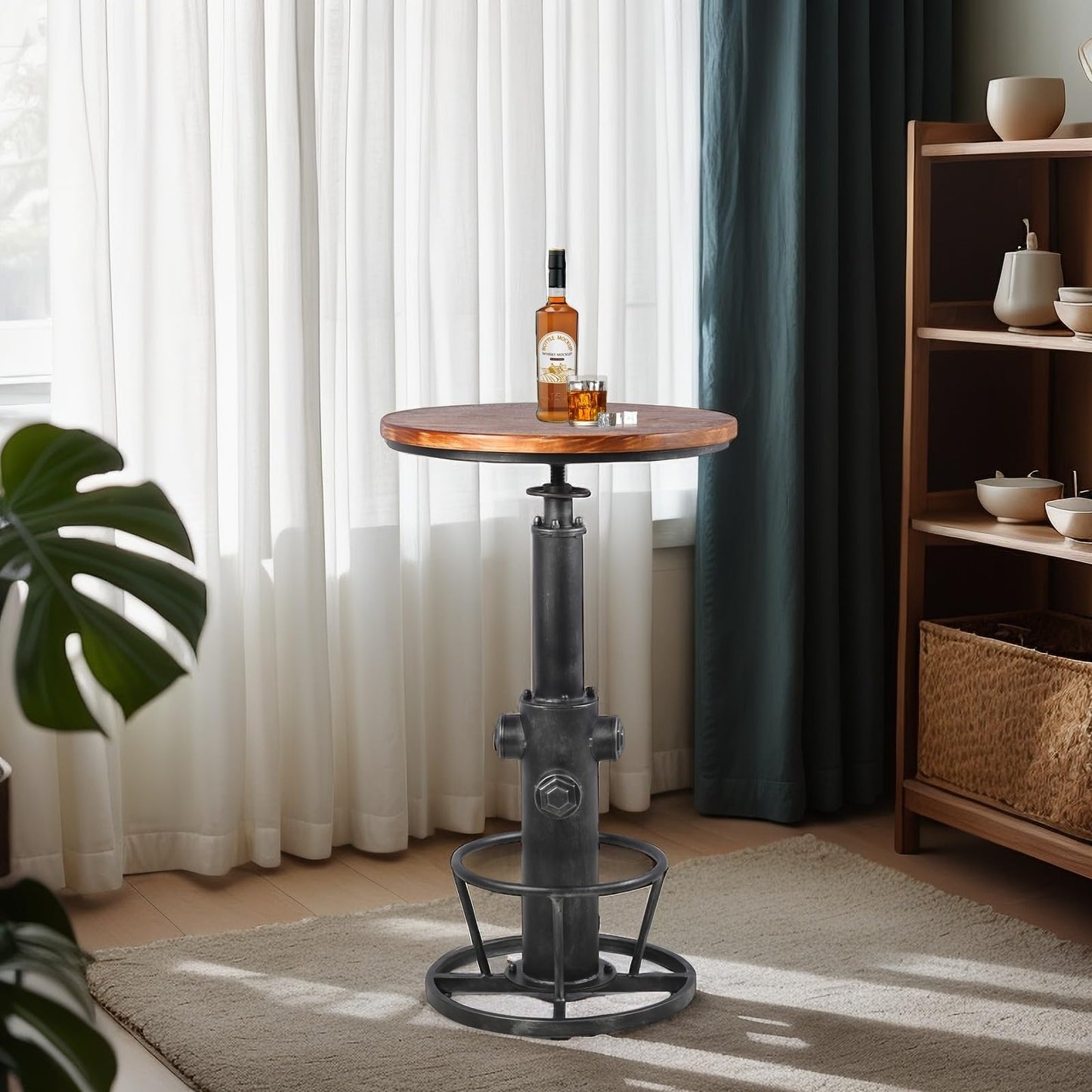 BOKKOLIK Industrial Bistro Bar Table 38.6-44.4inch Height Adjustable Farmhouse Pub Table for Kitchen Dinning Room Office Swivel Wooden Top