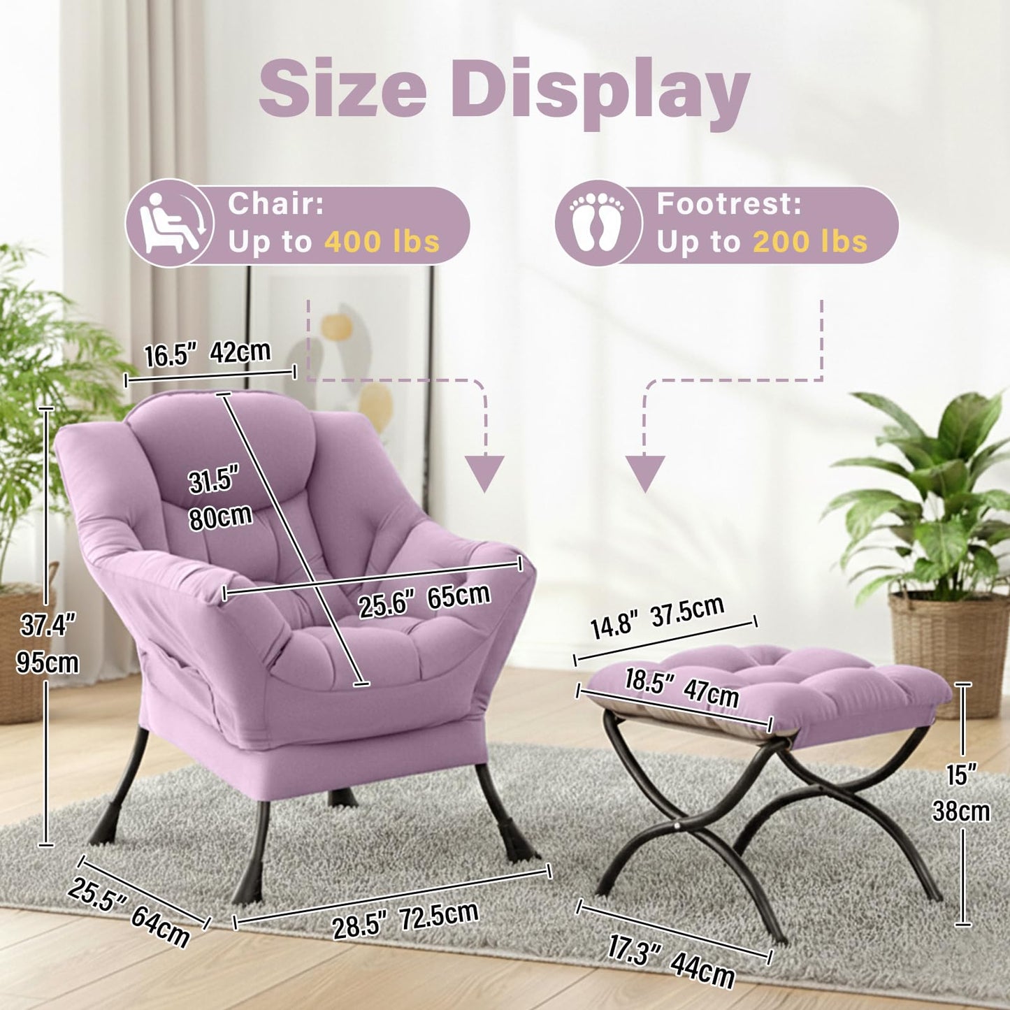 Givjoy Lazy Chair and Ottoman, Large Velvet Light Purple Accent Chair with Side Pocket, Modern Leisure Upholstered Reading Armchair with Footrest for Office, Bedroom, Living Room, Dorm Rooms, Balcony