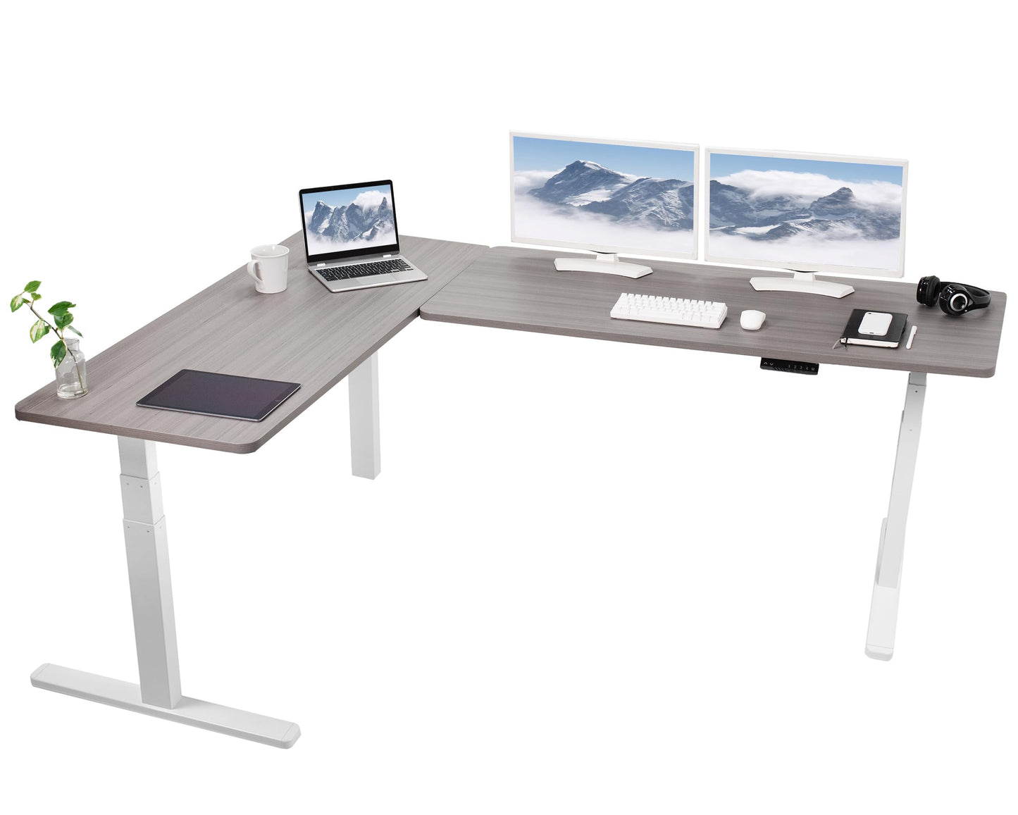 VIVO Electric Height Adjustable 83 x 60 inch Corner Stand Up Desk, 2 Dark Gray Solid Table Tops, White Frame, Memory Controller, L-Shaped Workstation, 3E Series, DESK-KIT-3E8WG