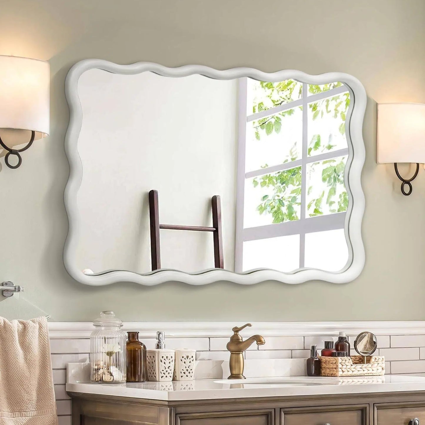 Dorlicecass White Wavy Mirror Solid Wood- Squiggly Mirror Vanity Modern Wall Decor for Bathroom, Bedroom, Living Room, Dining Room, Cloakroom, Entryway