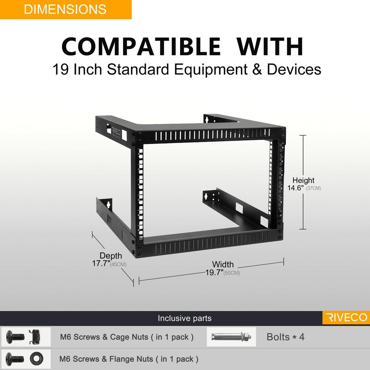 RIVECO 6U 19" Wall Mount Network Rack – 17.7" Deep 2 Post Shelf Open Frame Cabinet Easy Assembly Firm Constructed for Internet/Server/AV/Home Equipment/Patch Panel Heavy Duty Light Weight, Black