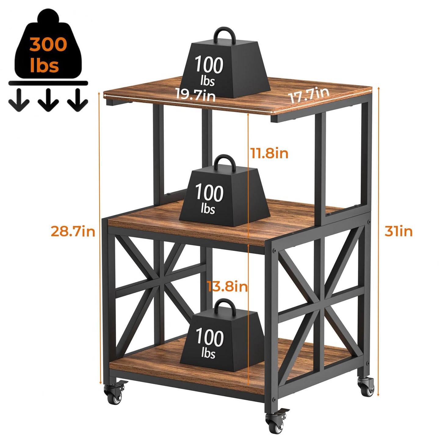 GreenForest Printer Stand with Lockable Wheels, Heavy Duty Printer Table with 3-Tier Storage Shelf for Home Office, Mobile Printer Cart for Small Spaces, 19.7"x17.7", Walnut