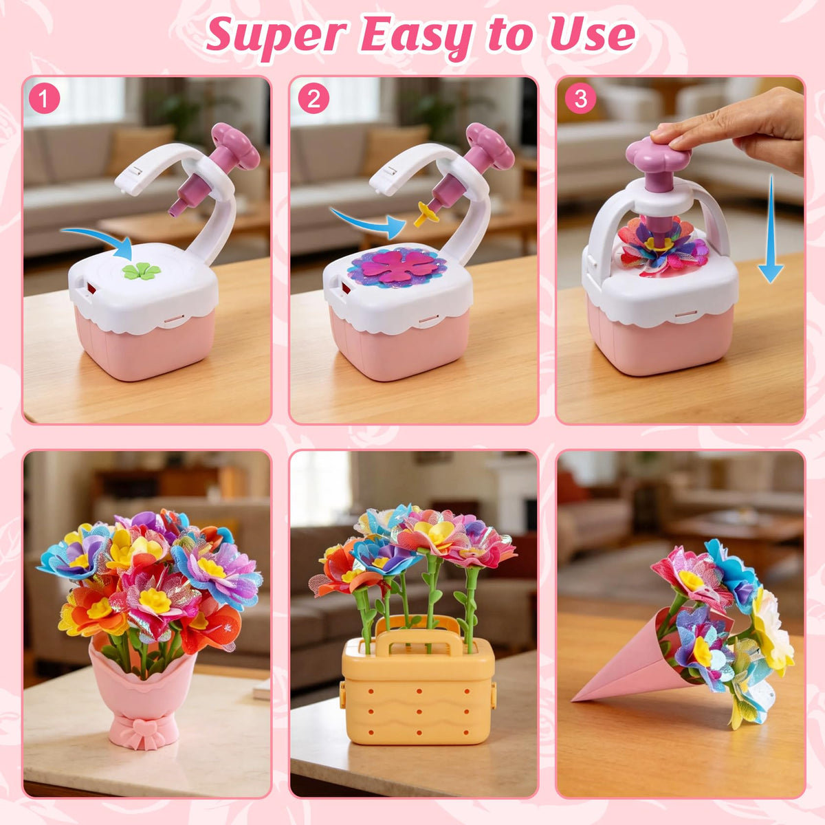 IQKidz Flower Bouquets Toy for Girls, DIY Arts and Crafts Kits for Kids Ages 4-6 6-8, STEM Flower Making Set with Storage Box & Basket, Birthday Gift for Age 5-7 8-10 Years Old