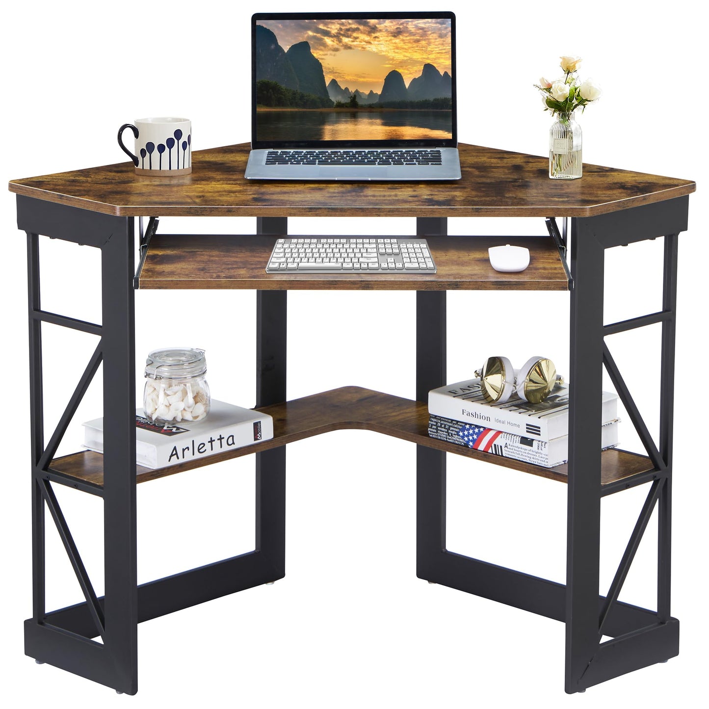 VECELO Corner Computer Desk 41 x 30 inches with Smooth Keyboard & Storage Shelves for Home Office Workstation, Antique Brown
