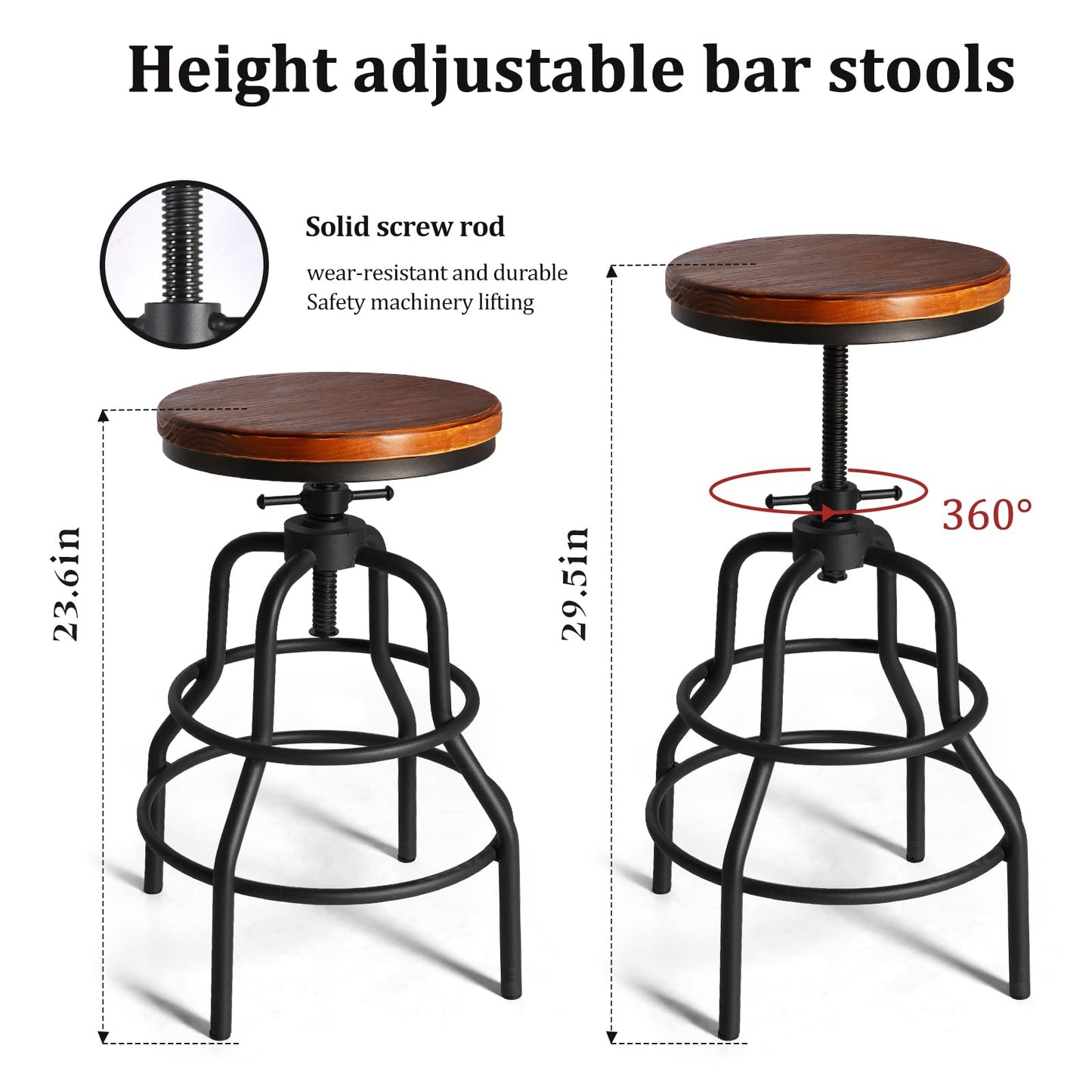 LOKKHAN Vintage Industrial Barstools - 13.8" Dia Round Wooden Brown Seat - Black Metal Base - Adjustable Height: 23.6"-29.5" / Minimalist Design/Raw Rustic Look/Rotating Top Bar Chairs, Set of 2