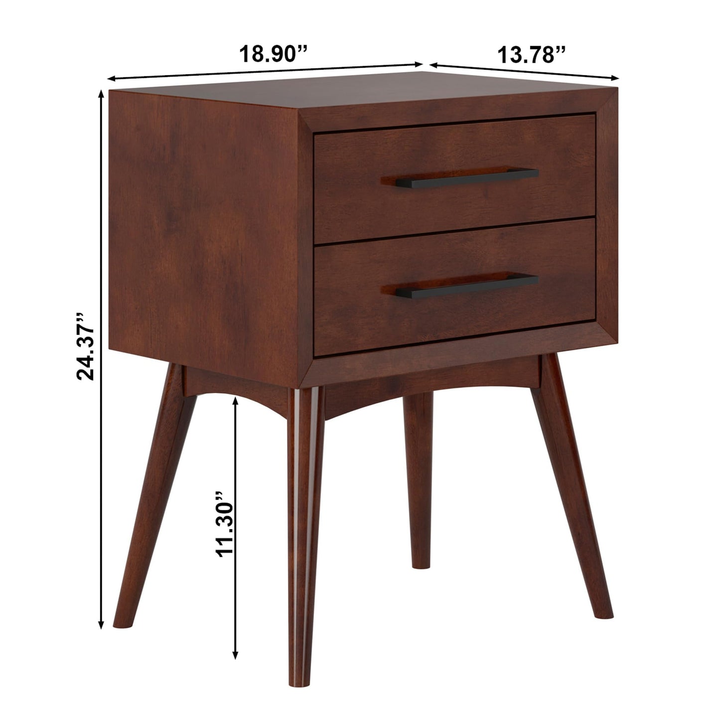 AFI, Pasadena Solid Wood Mid-Century Modern 2 Drawer Nightstand, Walnut