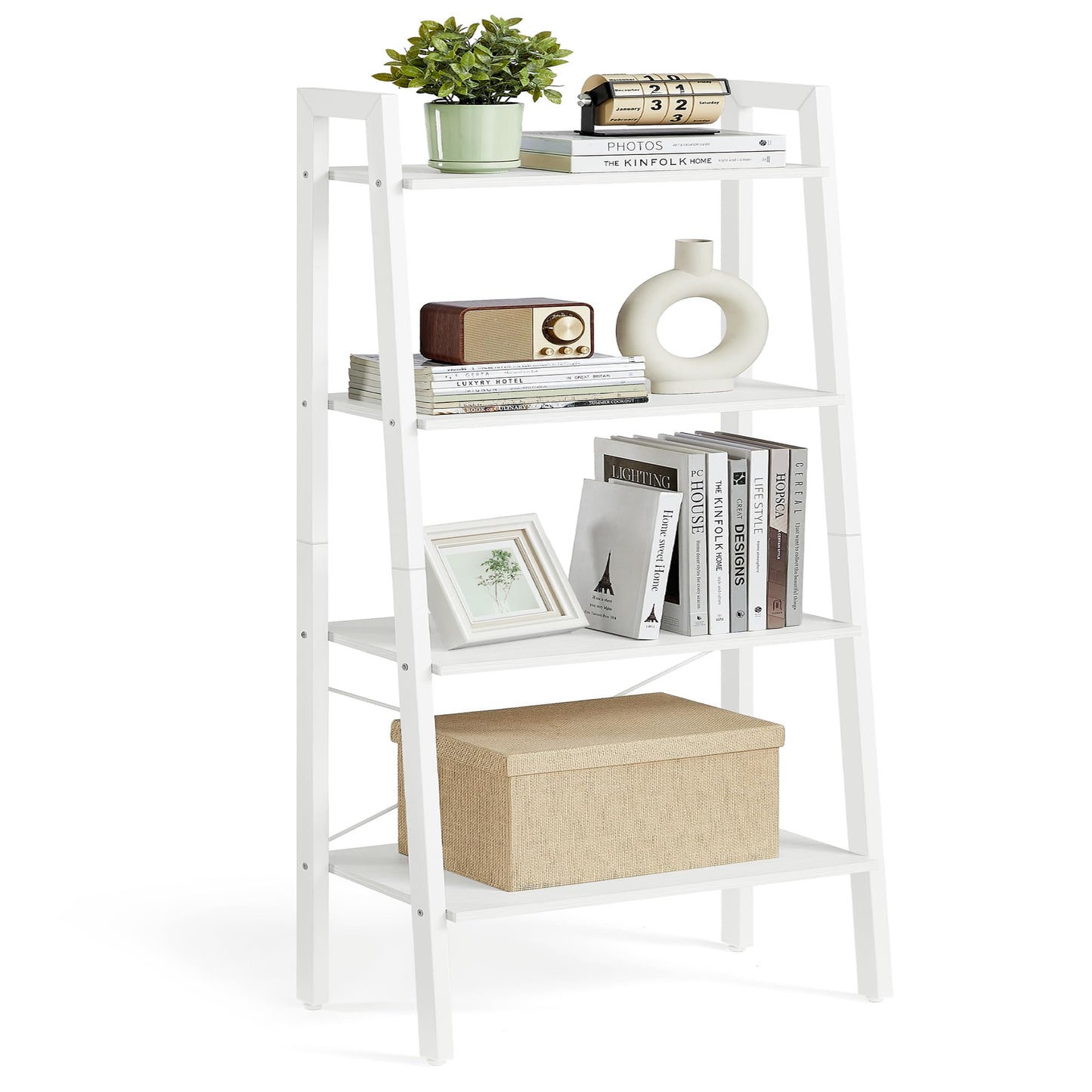 VASAGLE BARNET Collection - Ladder Shelf, Bookshelf, Storage Rack, Modern Bookcase for Living Room Home Office Kitchen, Steel Frame, 4-Tier, 22-Inch Wide, Maple White and Pearl White ULLS044W44