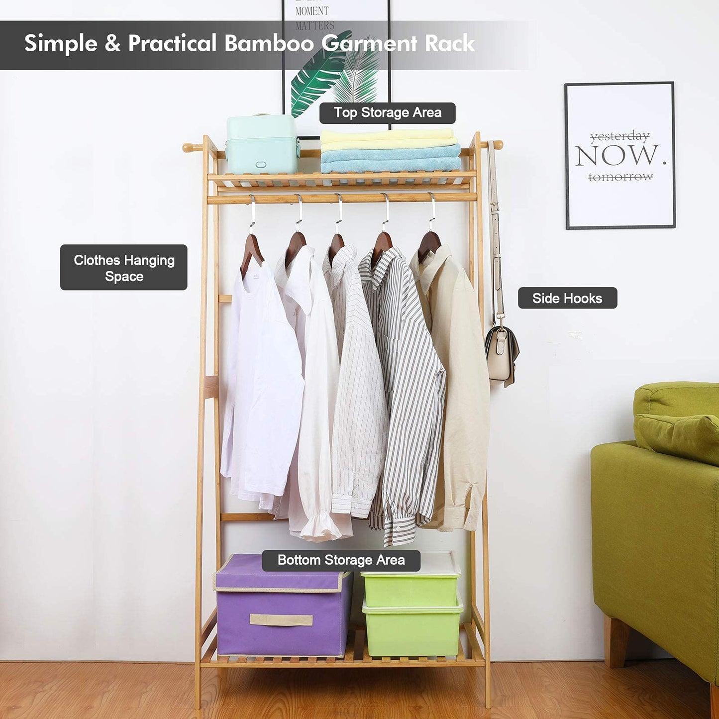 Ufine Bamboo Clothes Hanging Rack with 2 Tier Storage Shelves, 2 Coat Hooks