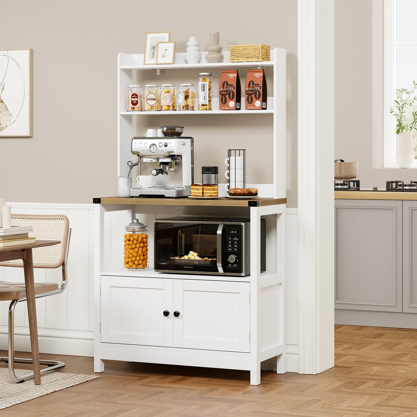 Lomojo Microwave Stand Bakers Rack Cabinet, Freestanding 5-Tier Kitchen Shelves, Farmhouse Floor Hutch Door Thickened Counter,Utility Storage Shelf, Coffee Bar(White and Brown)